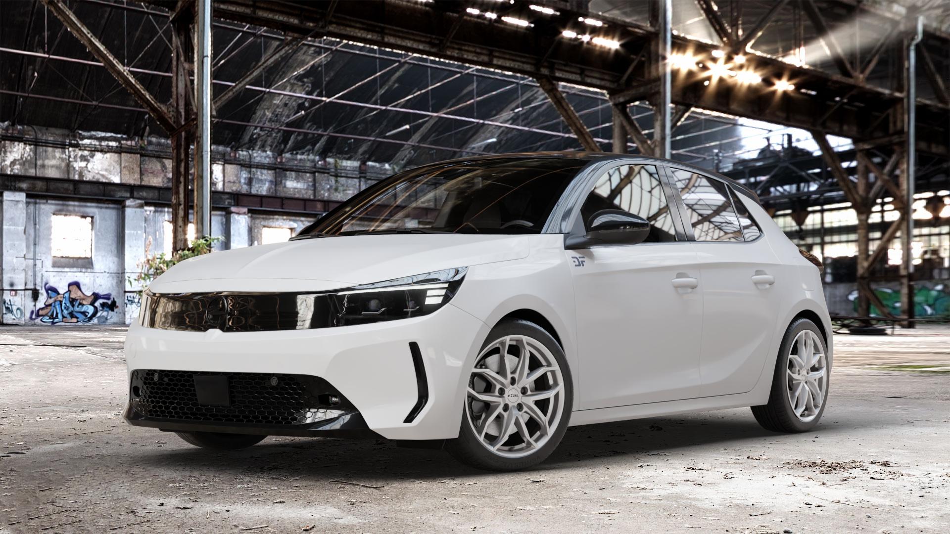 RIAL Lucca polar-silber Felge mit Reifen in 17Zoll Winterfelge Alufelge auf weissem Opel Corsa F Typ U Facelift 1,2l 55kW (75 PS) Turbo 74kW (101 96kW (131 1,5l D 75kW (102 ⬇️ mit 15mm Tieferlegung ⬇️ Old Industrial Hall_max_4400mm_2024 Frontansicht_1