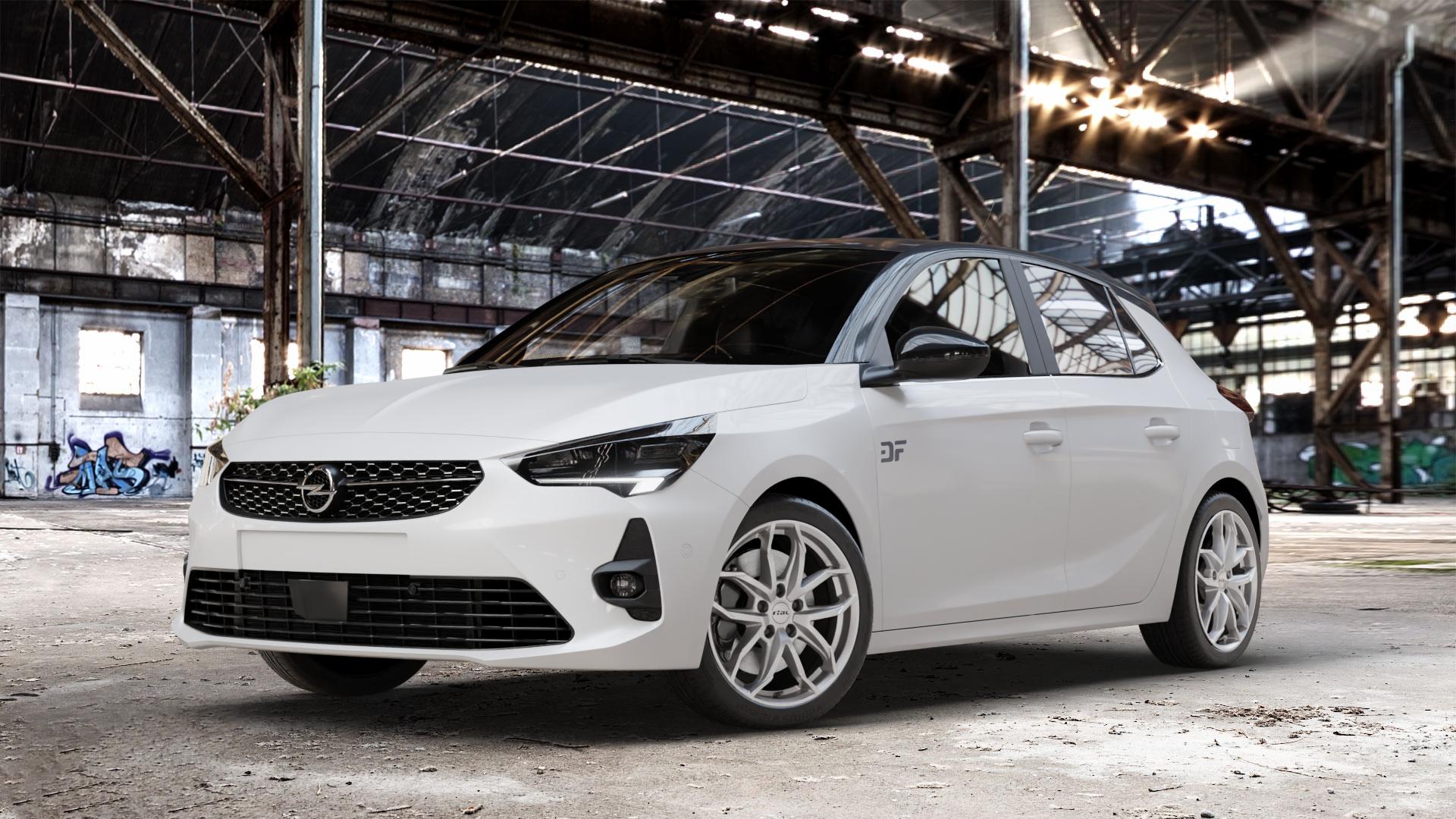 RIAL Lucca polar-silber Felge mit Reifen in 17Zoll Winterfelge Alufelge auf weissem Opel Corsa F Typ U ⬇️ mit 15mm Tieferlegung ⬇️ Old Industrial Hall_max_4400mm_2024 Frontansicht_1