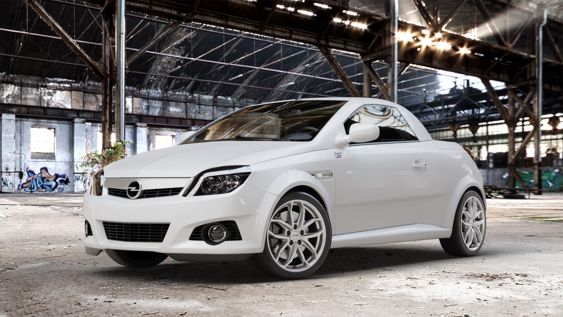 RIAL Lucca polar-silber Felge mit Reifen in 17Zoll Winterfelge Alufelge auf weissem Opel Tigra B TwinTop ⬇️ mit 15mm Tieferlegung ⬇️ Old Industrial Hall_max_4400mm_2024 Frontansicht_1