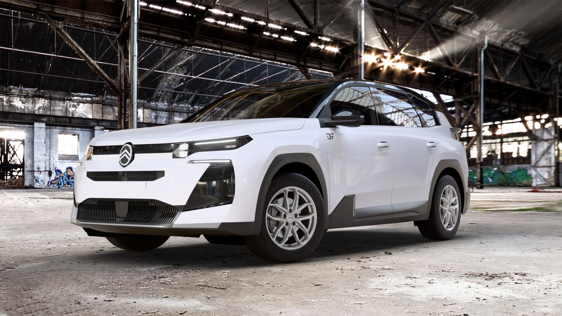 RIAL Lucca polar-silber Felge mit Reifen in 18Zoll Winterfelge Alufelge auf weissem Citroen C5 Aircross Typ K 1,2l 100kW Mild-Hybrid (136 PS) 1,6l 110kW Plug-In-Hybrid (150 0,0l 105kW eC5 (143 104kW (141 ⬇️ mit 15mm Tieferlegung ⬇️ Old Industrial Hall_max_5300mm_2024 Frontansicht_1