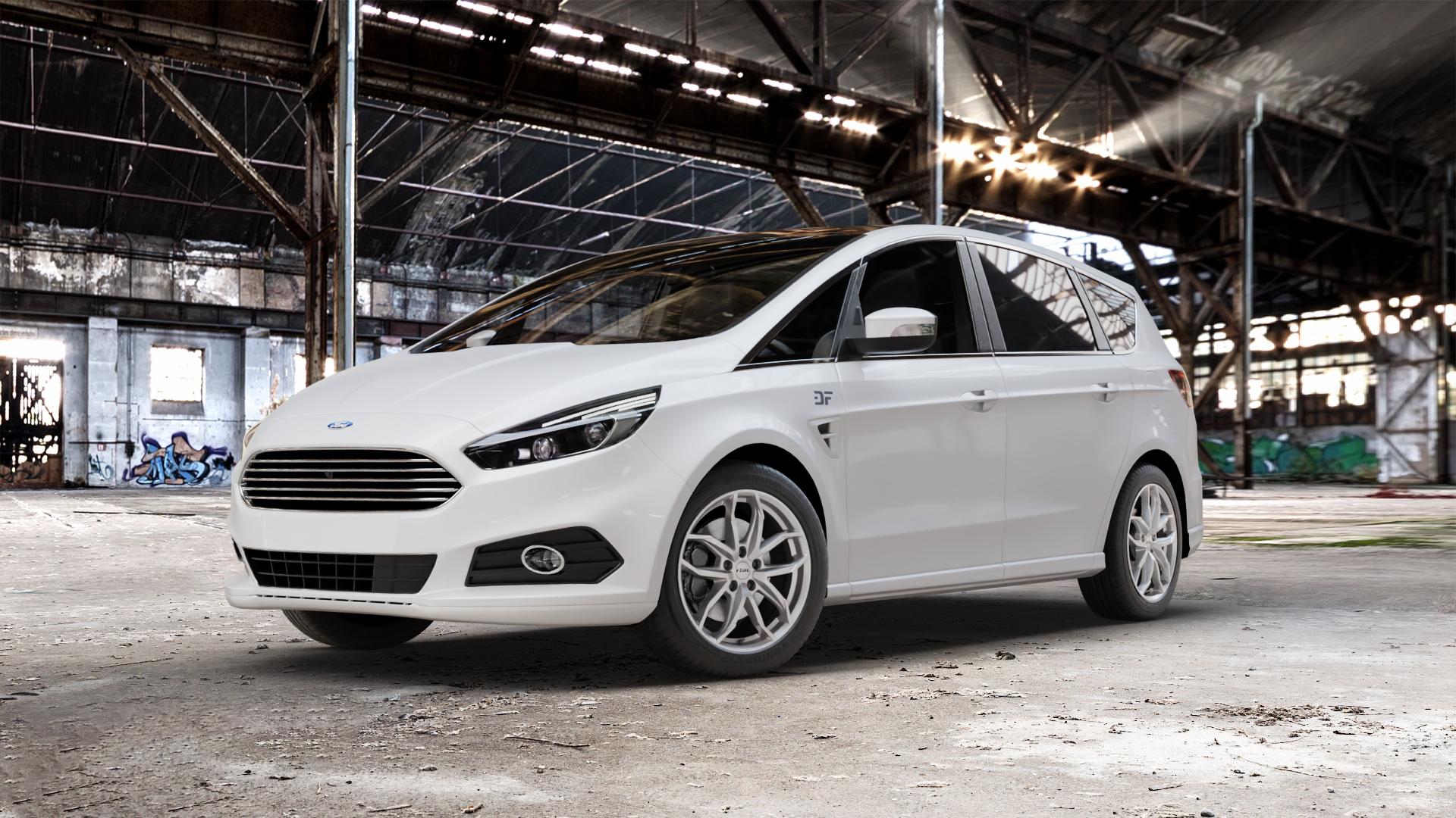 RIAL Lucca polar-silber Felge mit Reifen in 18Zoll Winterfelge Alufelge auf weissem Ford S-Max Typ WA6 Facelift (15->) ⬇️ mit 15mm Tieferlegung ⬇️ Old Industrial Hall_max_5300mm_2024 Frontansicht_1