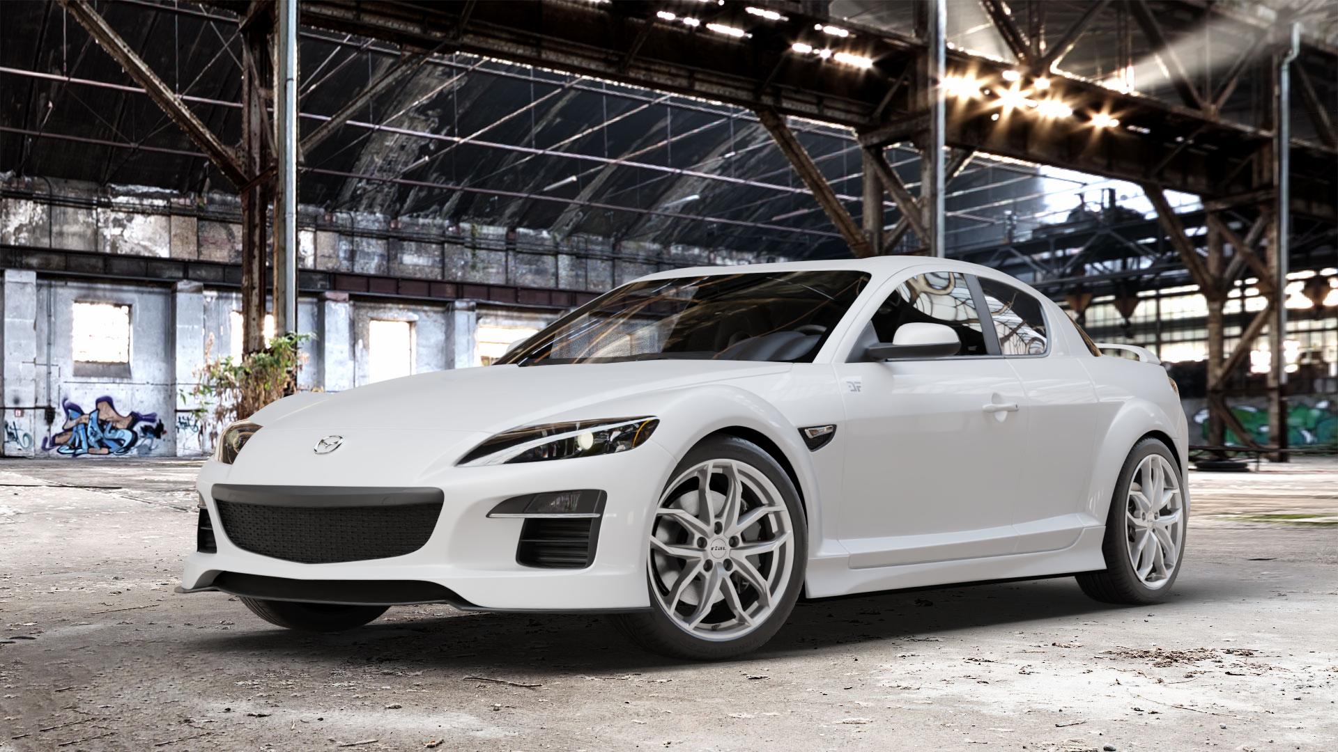 RIAL Lucca polar-silber Felge mit Reifen in 18Zoll Winterfelge Alufelge auf weissem Mazda RX-8 ⬇️ mit 15mm Tieferlegung ⬇️ Old Industrial Hall_max_4400mm_2024 Frontansicht_1