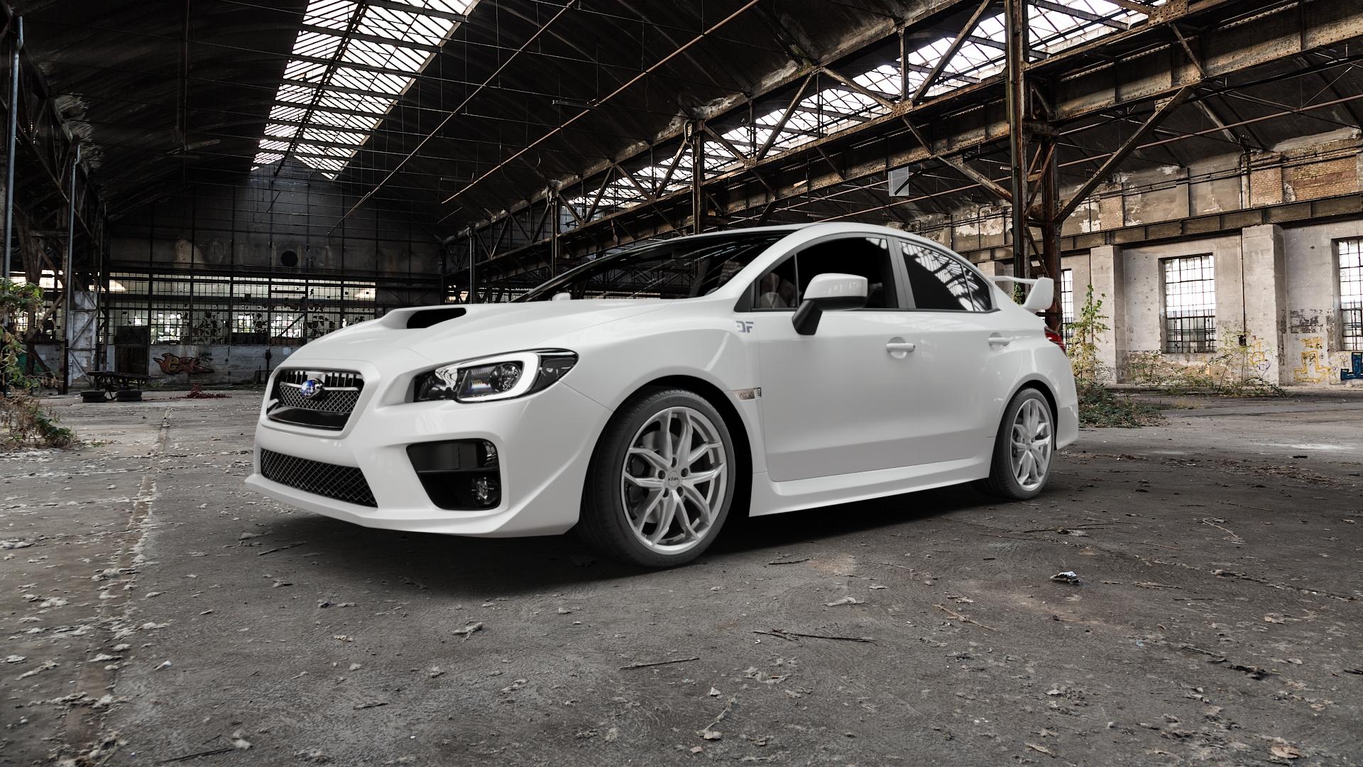 RIAL Lucca polar-silber Felge mit Reifen in 18Zoll Winterfelge Alufelge auf weissem Subaru WRX Typ V1 2,5l STI AWD 221kW (300 PS) ⬇️ mit 15mm Tieferlegung ⬇️ Old Industrial Hall_max5000mm_2022 Frontansicht_1