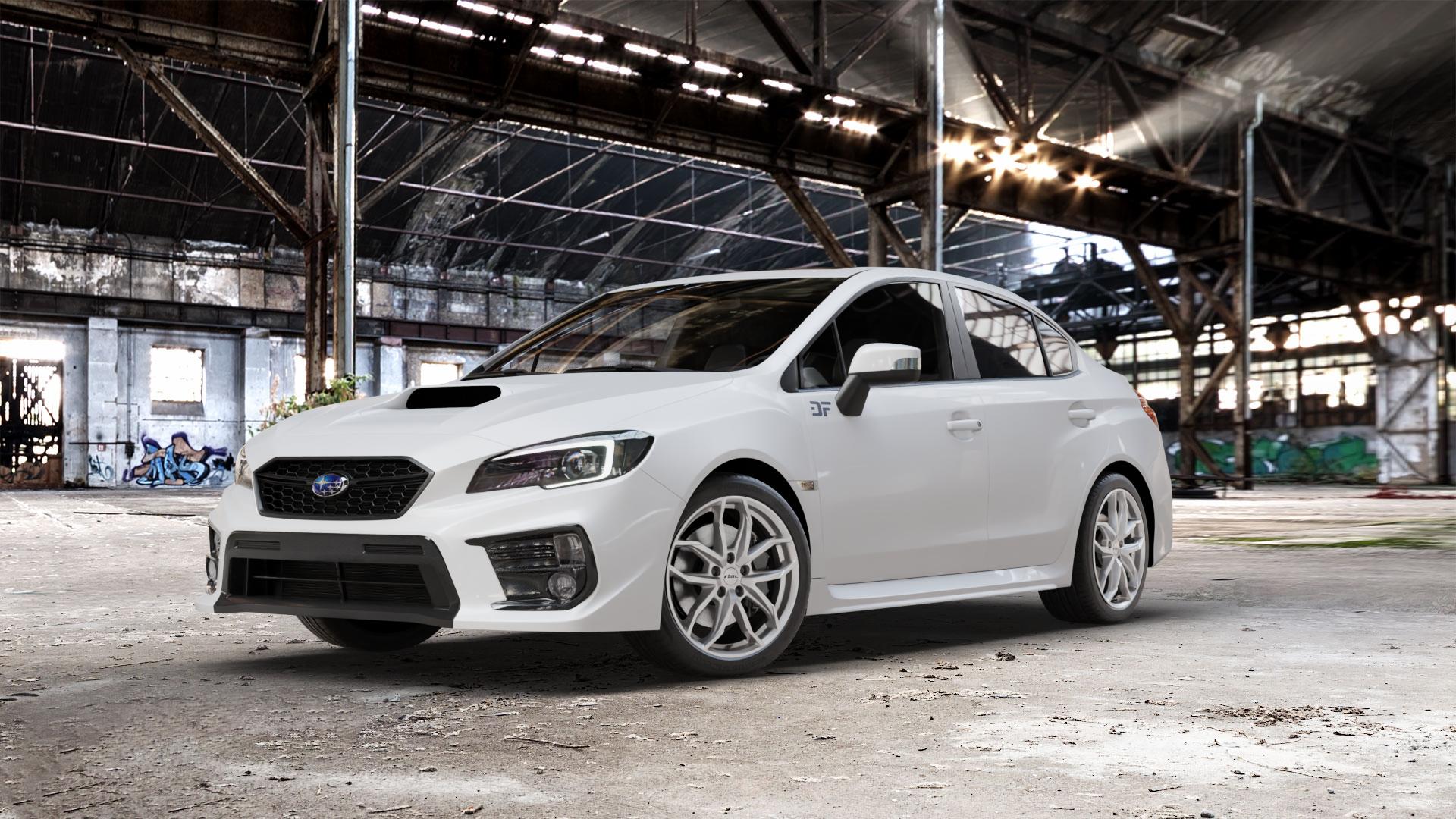 RIAL Lucca polar-silber Felge mit Reifen in 18Zoll Winterfelge Alufelge auf weissem Subaru WRX Typ V1 Model 2018 ⬇️ mit 15mm Tieferlegung ⬇️ Old Industrial Hall_max_5300mm_2024 Frontansicht_1