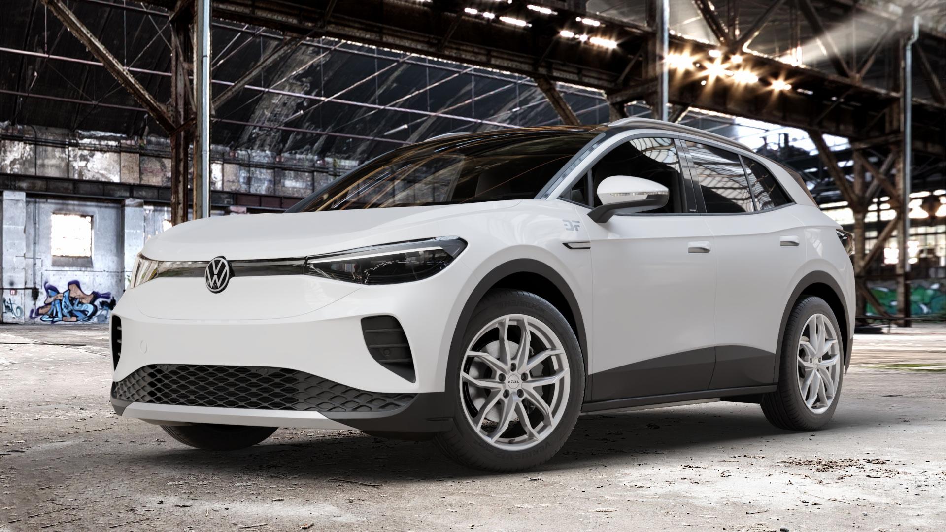 RIAL Lucca polar-silber Felge mit Reifen in 19Zoll Winterfelge Alufelge auf weissem Volkswagen (VW) ID.4 0,0l 70kW PRO (150kW) (95 PS) Pure (109kW) (125kW) (128kW) 77kW 4Motion (195kW) (105 ⬇️ mit 15mm Tieferlegung ⬇️ Old Industrial Hall_max_4400mm_2024 Frontansicht_1