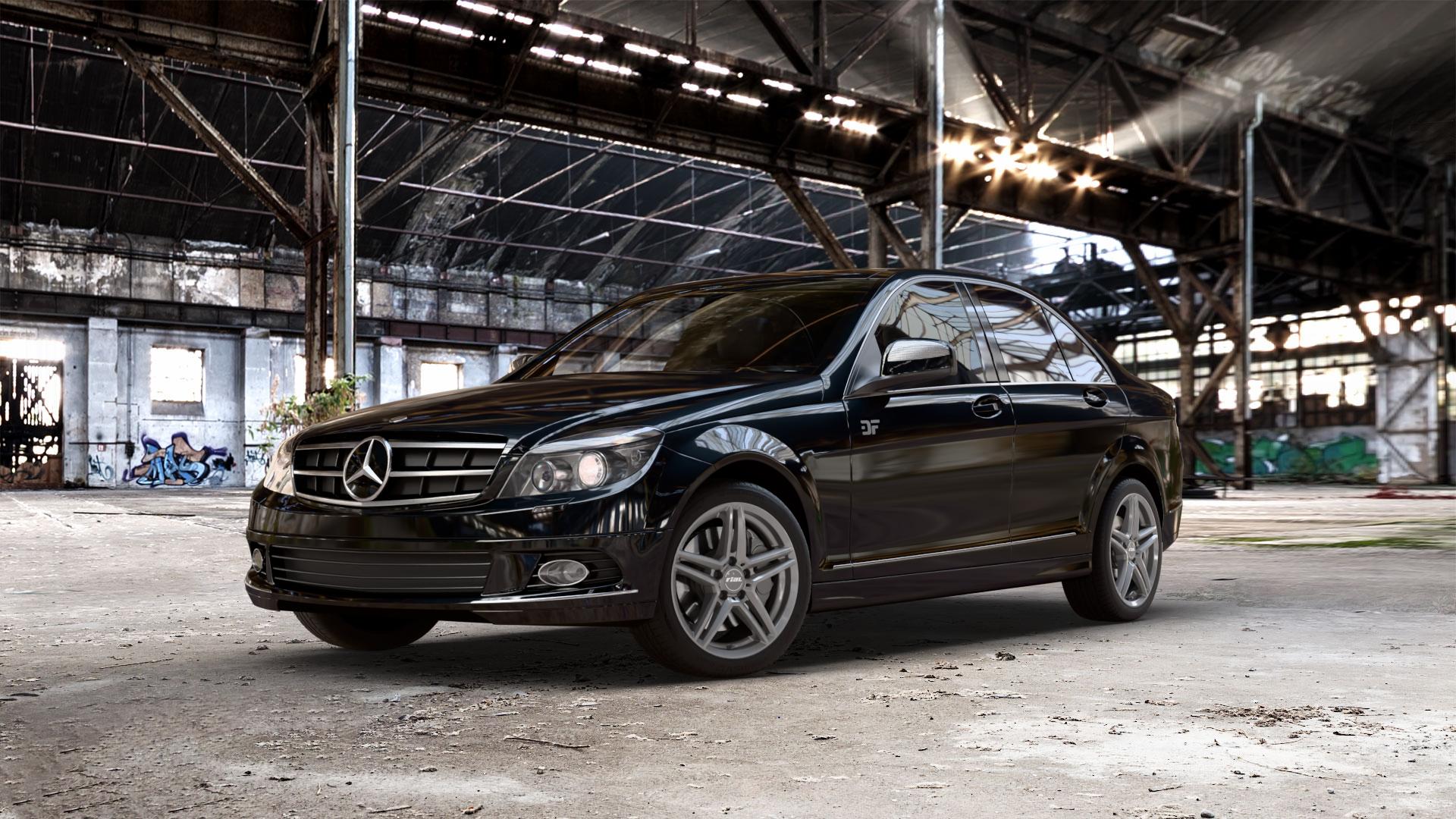 RIAL M10 metal-grey Felge mit Reifen grau in 17Zoll Winterfelge Alufelge auf schwarzem metallic Mercedes C-Klasse Typ W204 Limousine ⬇️ mit 15mm Tieferlegung ⬇️ Old Industrial Hall_max_5300mm_2024 Frontansicht_1