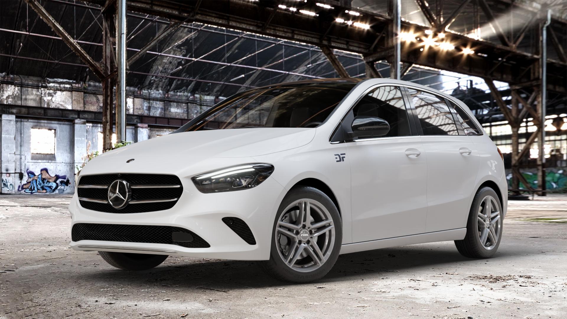 RIAL M10 metal-grey Felge mit Reifen grau in 17Zoll Winterfelge Alufelge auf weissem Mercedes B-Klasse Typ W247 ⬇️ mit 15mm Tieferlegung ⬇️ Old Industrial Hall_max_4400mm_2024 Frontansicht_1