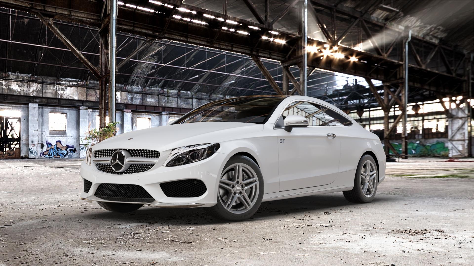 RIAL M10 metal-grey Felge mit Reifen grau in 17Zoll Winterfelge Alufelge auf weissem Mercedes C-Klasse Typ C205 Coupe Facelift ⬇️ mit 15mm Tieferlegung ⬇️ Old Industrial Hall_max_5300mm_2024 Frontansicht_1