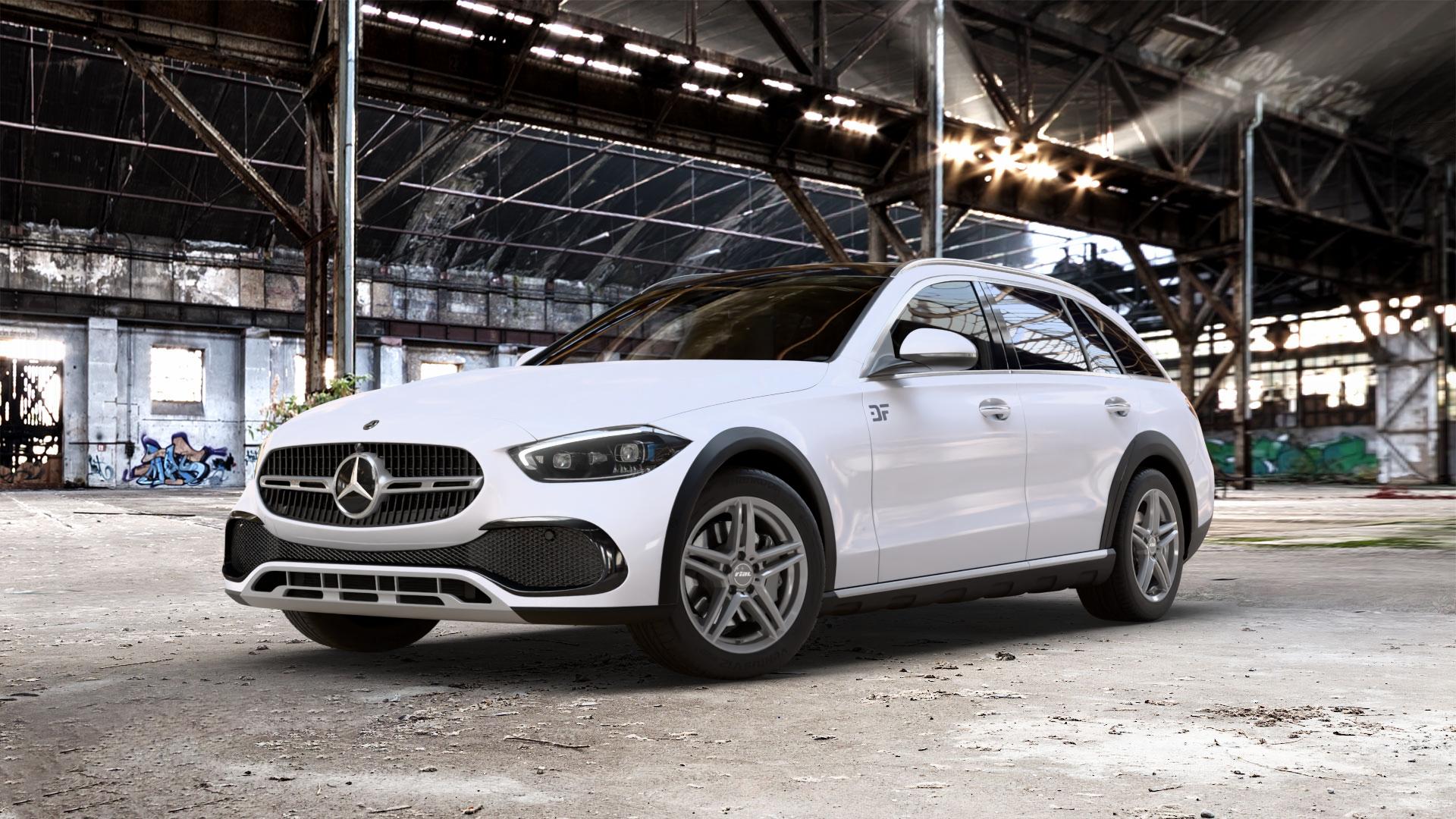 RIAL M10 metal-grey Felge mit Reifen grau in 17Zoll Winterfelge Alufelge auf weissem Mercedes C-Klasse Typ S206 All-Terrain 1,5l C 200 4Matic 150kW Mild-Hybrid (204 PS) 2,0l 220d 145kW (197 ⬇️ mit 15mm Tieferlegung ⬇️ Old Industrial Hall_max_5300mm_2024 Frontansicht_1