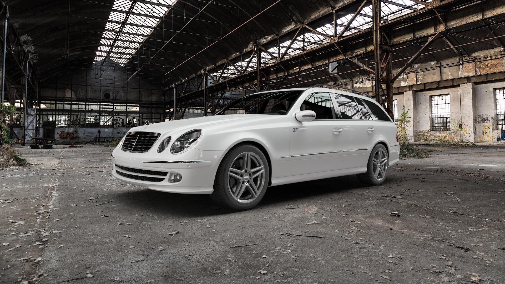 RIAL M10 metal-grey Felge mit Reifen grau in 17Zoll Winterfelge Alufelge auf weissem Mercedes E-Klasse Typ S211 Kombi ⬇️ mit 15mm Tieferlegung ⬇️ Old Industrial Hall_max5000mm_2022 Frontansicht_1