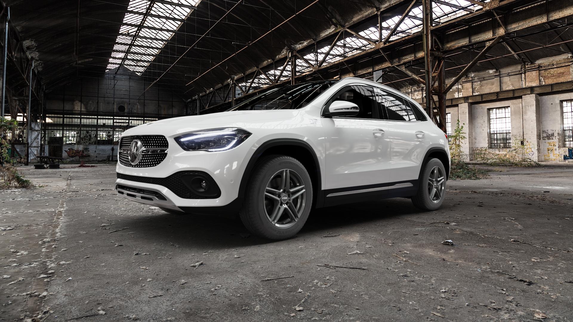RIAL M10 metal-grey Felge mit Reifen grau in 17Zoll Winterfelge Alufelge auf weissem Mercedes GLA-Klasse Typ F2B ⬇️ mit 15mm Tieferlegung ⬇️ Old Industrial Hall_max5000mm_2022 Frontansicht_1