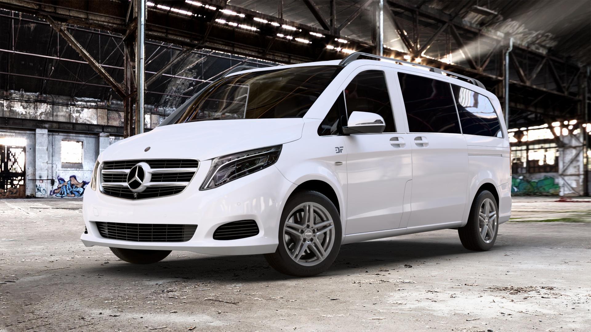 RIAL M10 metal-grey Felge mit Reifen grau in 17Zoll Winterfelge Alufelge auf weissem Mercedes V-Klasse Typ W447 Vito Kasten Mixto Tourer Marco Polo ⬇️ mit 15mm Tieferlegung ⬇️ Old Industrial Hall_max_5300mm_2024 Frontansicht_1