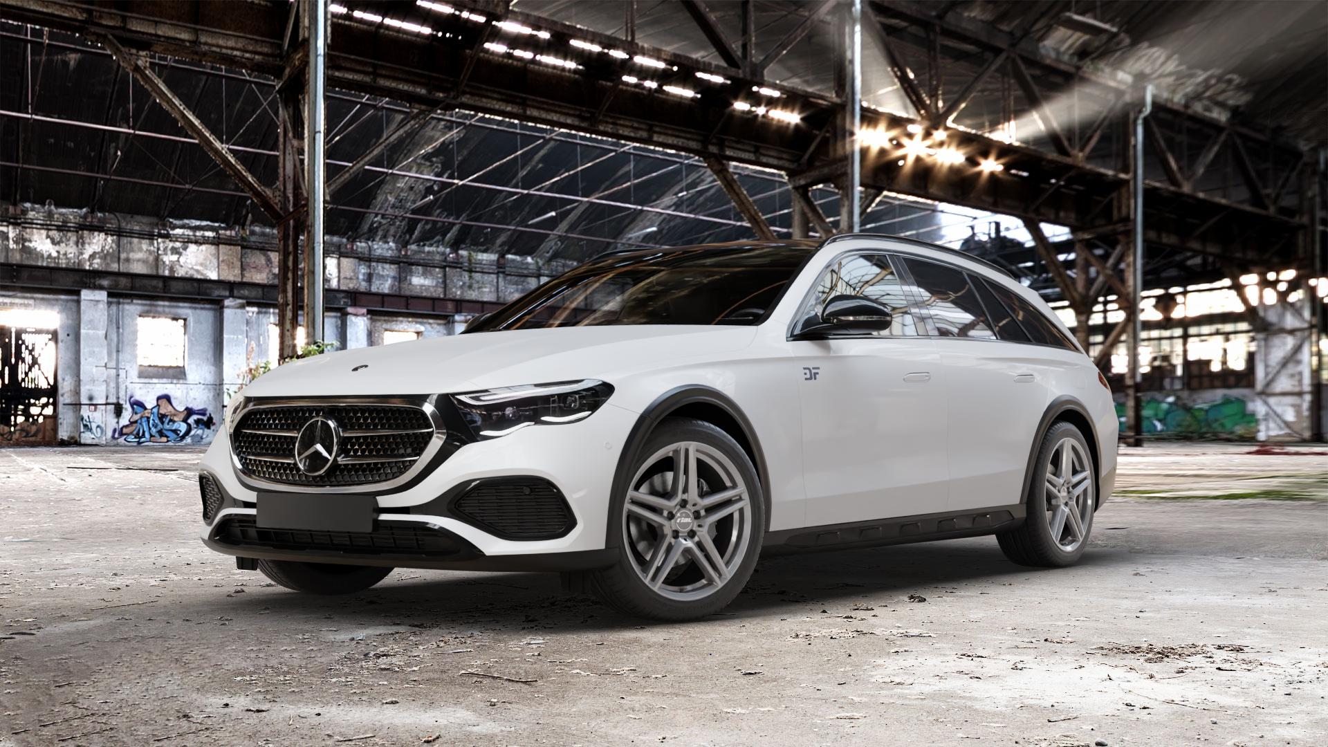 RIAL M10 metal-grey Felge mit Reifen grau in 19Zoll Winterfelge Alufelge auf weissem Mercedes E-Klasse Typ S214 All-Terrain Coupe ⬇️ mit 15mm Tieferlegung ⬇️ Old Industrial Hall_max_5300mm_2024 Frontansicht_1