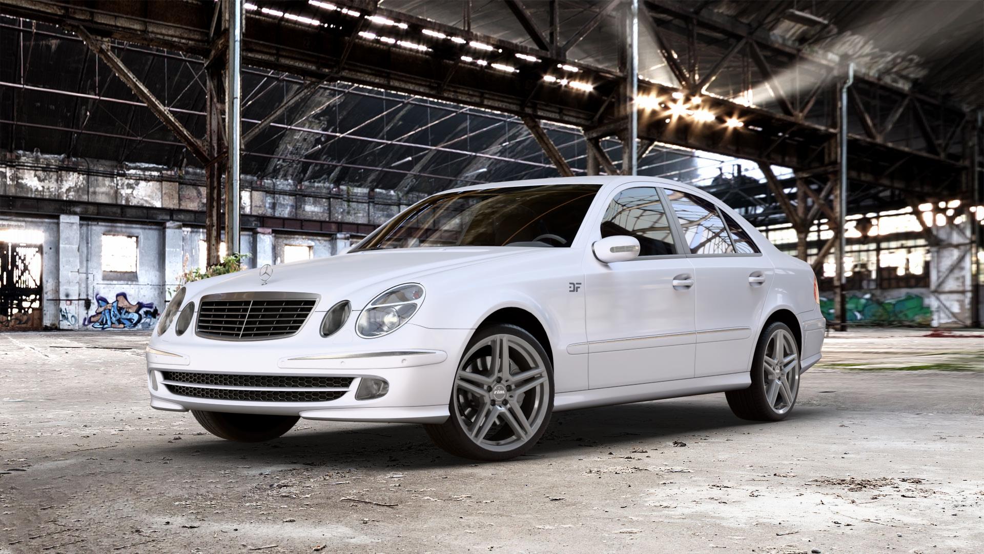 RIAL M10 metal-grey Felge mit Reifen grau in 19Zoll Winterfelge Alufelge auf weissem Mercedes E-Klasse Typ W211 Limousine ⬇️ mit 15mm Tieferlegung ⬇️ Old Industrial Hall_max_5300mm_2024 Frontansicht_1