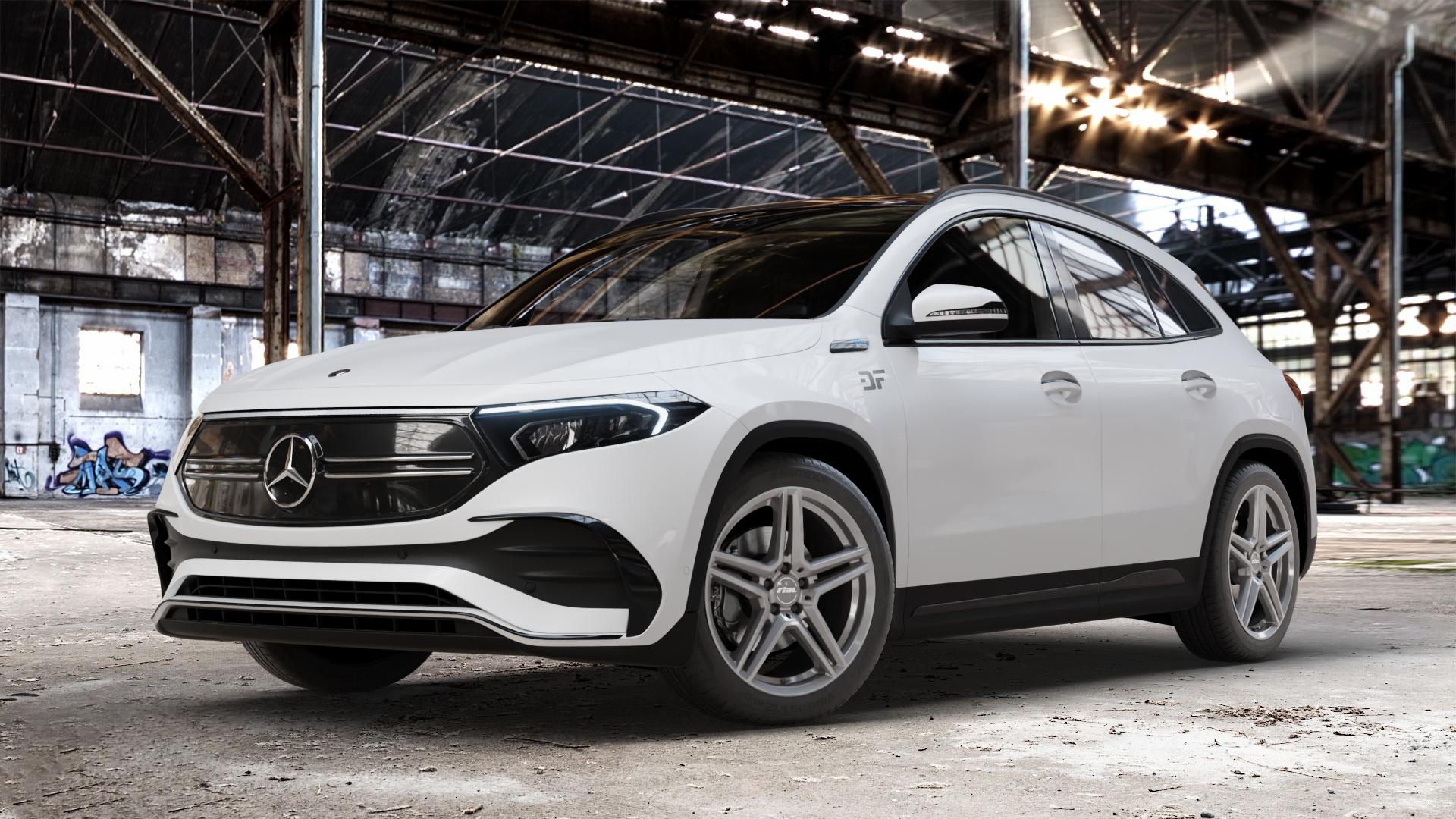 RIAL M10 metal-grey Felge mit Reifen grau in 19Zoll Winterfelge Alufelge auf weissem Mercedes EQA Typ F2B ⬇️ mit 15mm Tieferlegung ⬇️ Old Industrial Hall_max_4400mm_2024 Frontansicht_1
