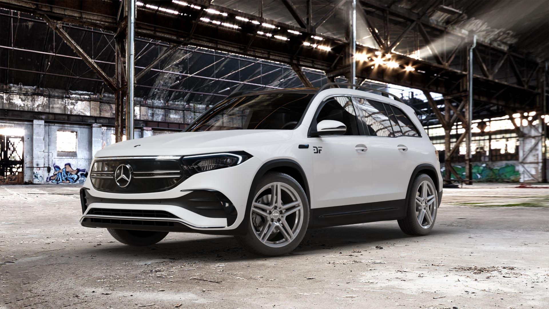 RIAL M10 metal-grey Felge mit Reifen grau in 19Zoll Winterfelge Alufelge auf weissem Mercedes EQB Typ F2B ⬇️ mit 15mm Tieferlegung ⬇️ Old Industrial Hall_max_5300mm_2024 Frontansicht_1