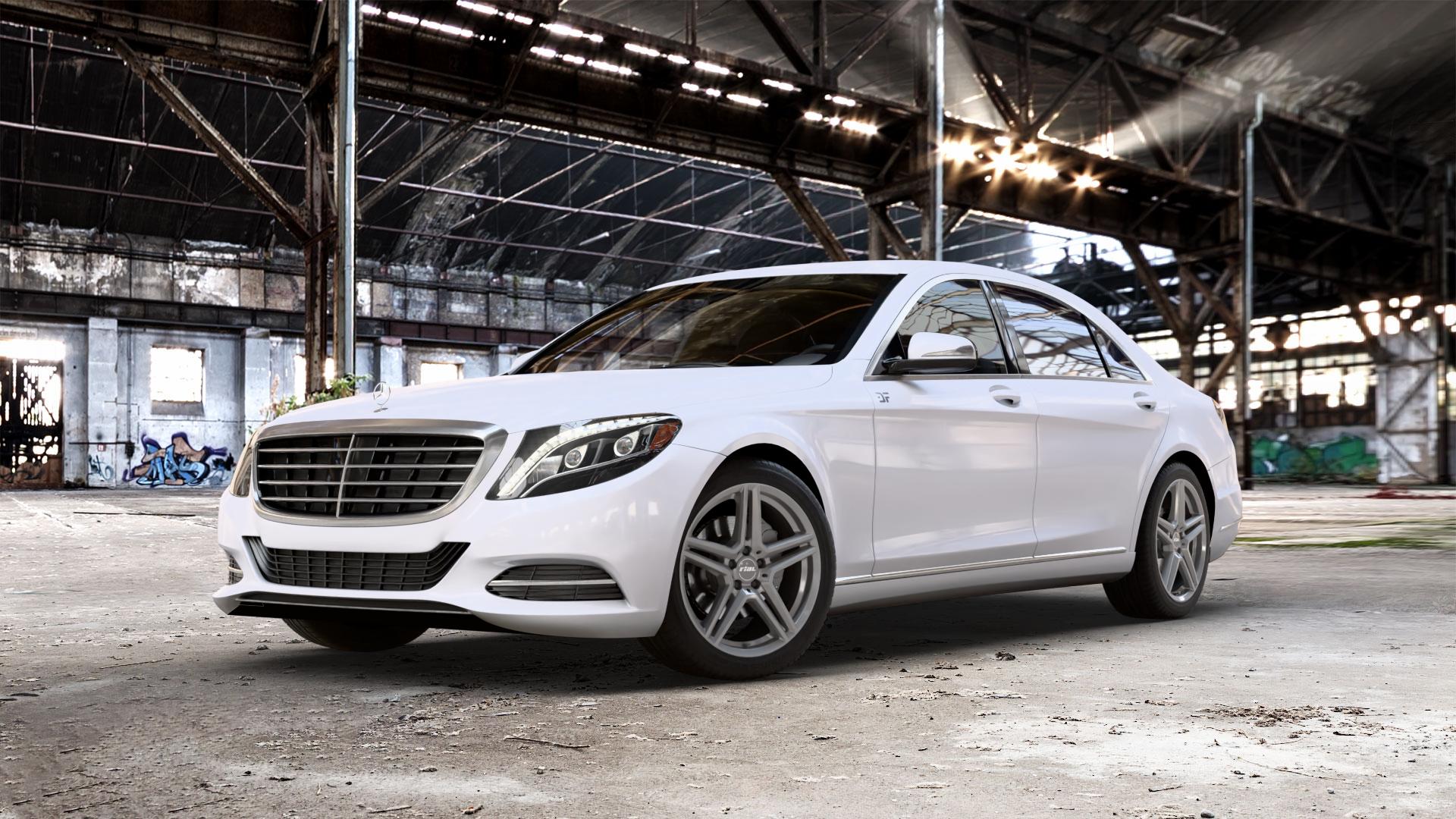 RIAL M10 metal-grey Felge mit Reifen grau in 19Zoll Winterfelge Alufelge auf weissem Mercedes S-Klasse Typ W222 Facelift ⬇️ mit 15mm Tieferlegung ⬇️ Old Industrial Hall_max_5300mm_2024 Frontansicht_1