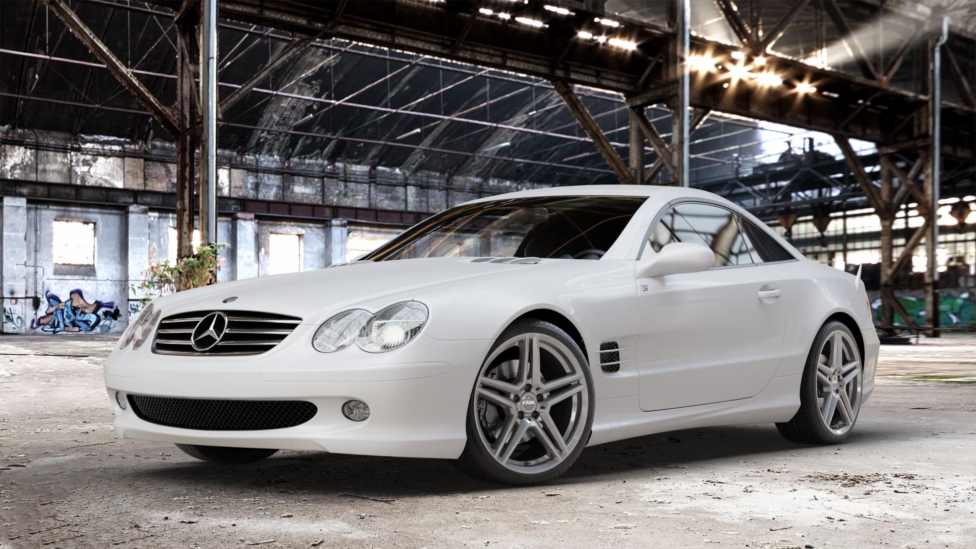 RIAL M10 metal-grey Felge mit Reifen grau in 19Zoll Winterfelge Alufelge auf weissem Mercedes SL Typ R230 ⬇️ mit 15mm Tieferlegung ⬇️ Old Industrial Hall_max_4400mm_2024 Frontansicht_1