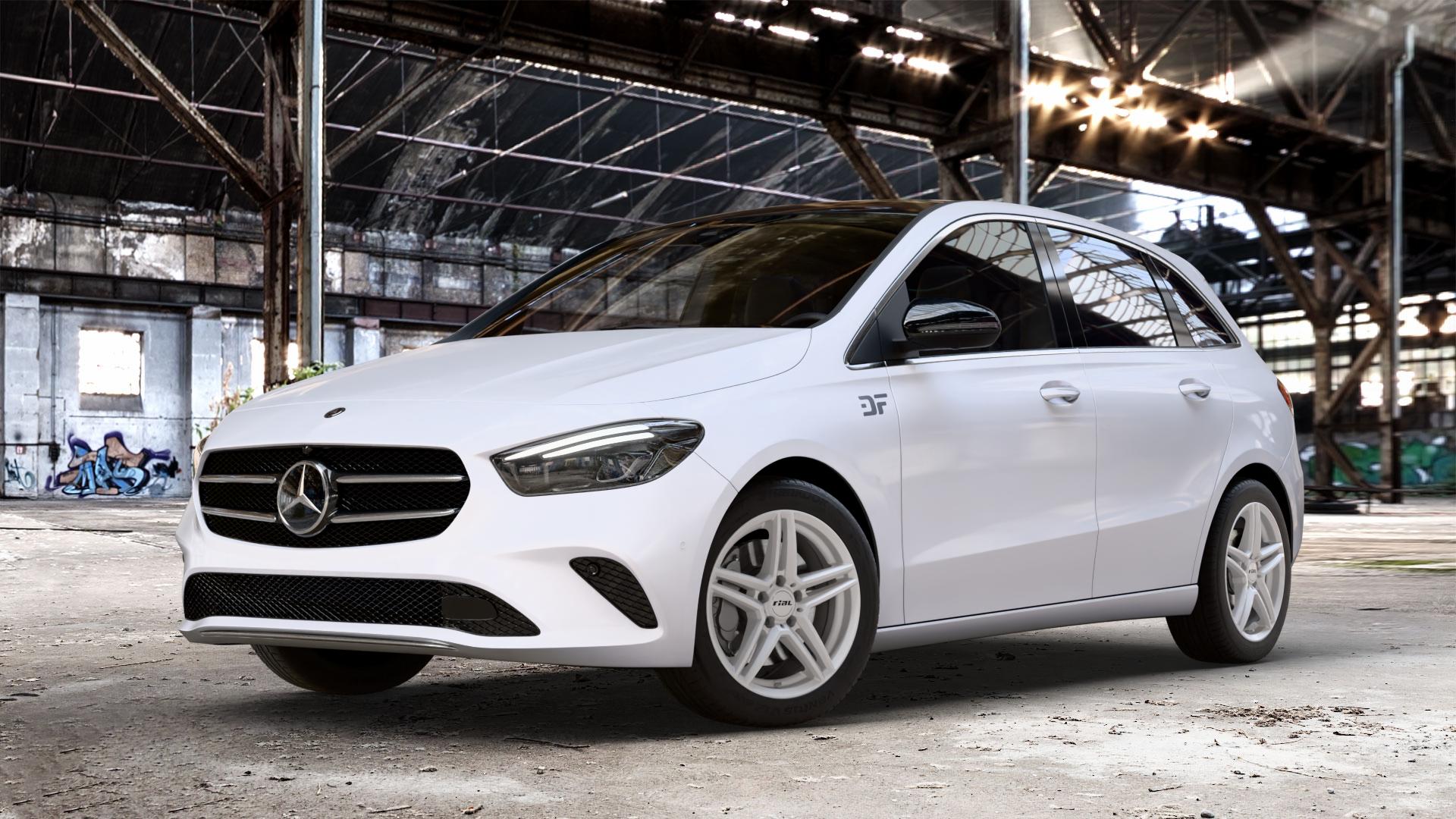 RIAL M10 polar-silber Felge mit Reifen in 17Zoll Winterfelge Alufelge auf weissem Mercedes B-Klasse Typ W247 ⬇️ mit 15mm Tieferlegung ⬇️ Old Industrial Hall_max_4400mm_2024 Frontansicht_1