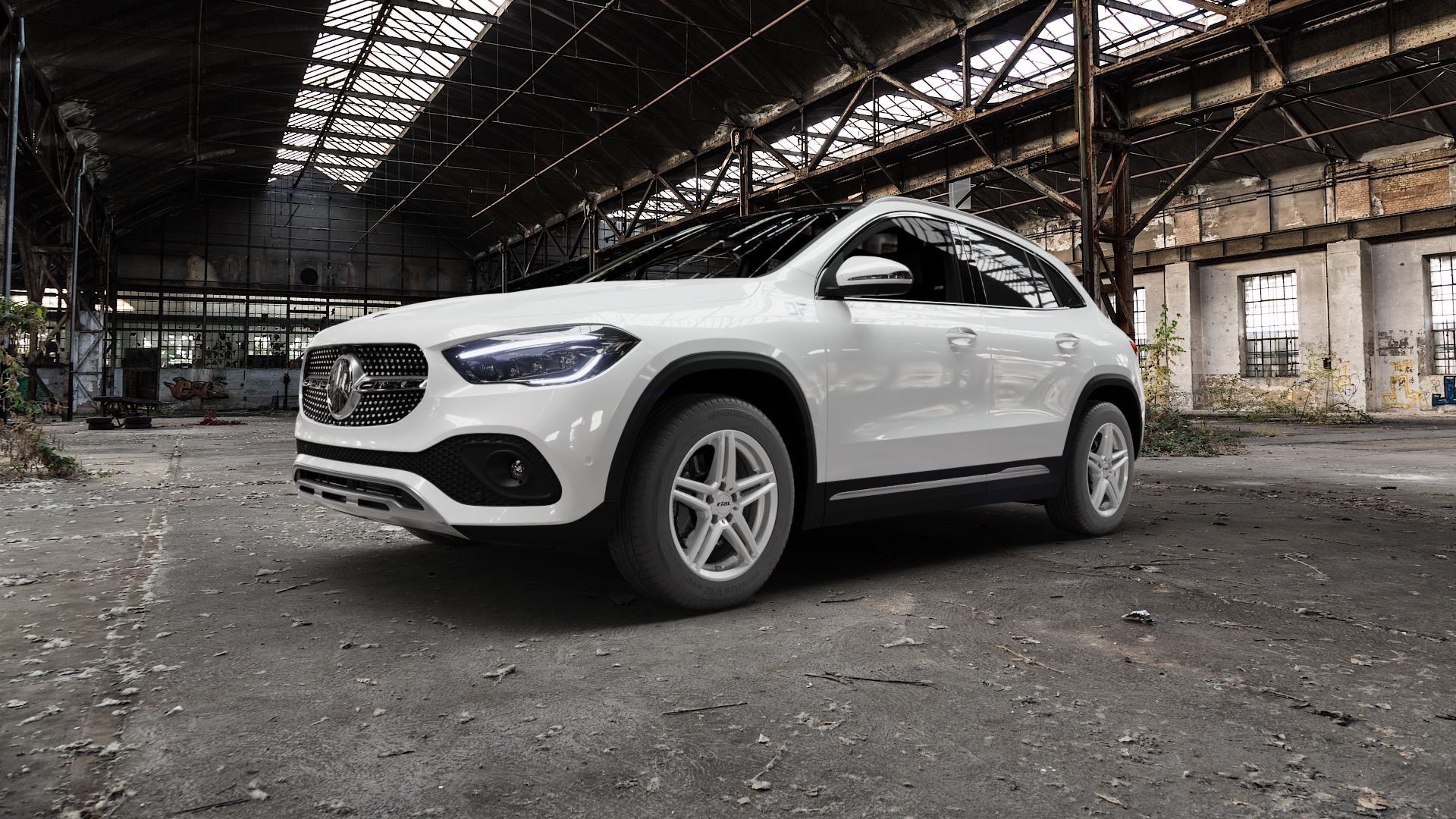 RIAL M10 polar-silber Felge mit Reifen in 17Zoll Winterfelge Alufelge auf weissem Mercedes GLA-Klasse Typ F2B ⬇️ mit 15mm Tieferlegung ⬇️ Old Industrial Hall_max5000mm_2022 Frontansicht_1