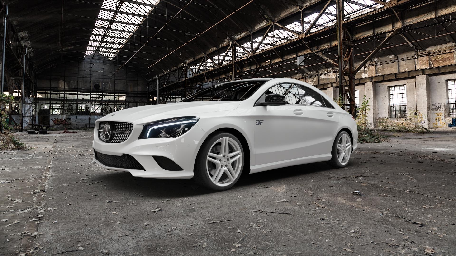 RIAL M10 polar-silber Felge mit Reifen in 18Zoll Winterfelge Alufelge auf weissem Mercedes CLA-Klasse I Typ C117 245G ⬇️ mit 15mm Tieferlegung ⬇️ Old Industrial Hall_max5000mm_2022 Frontansicht_1