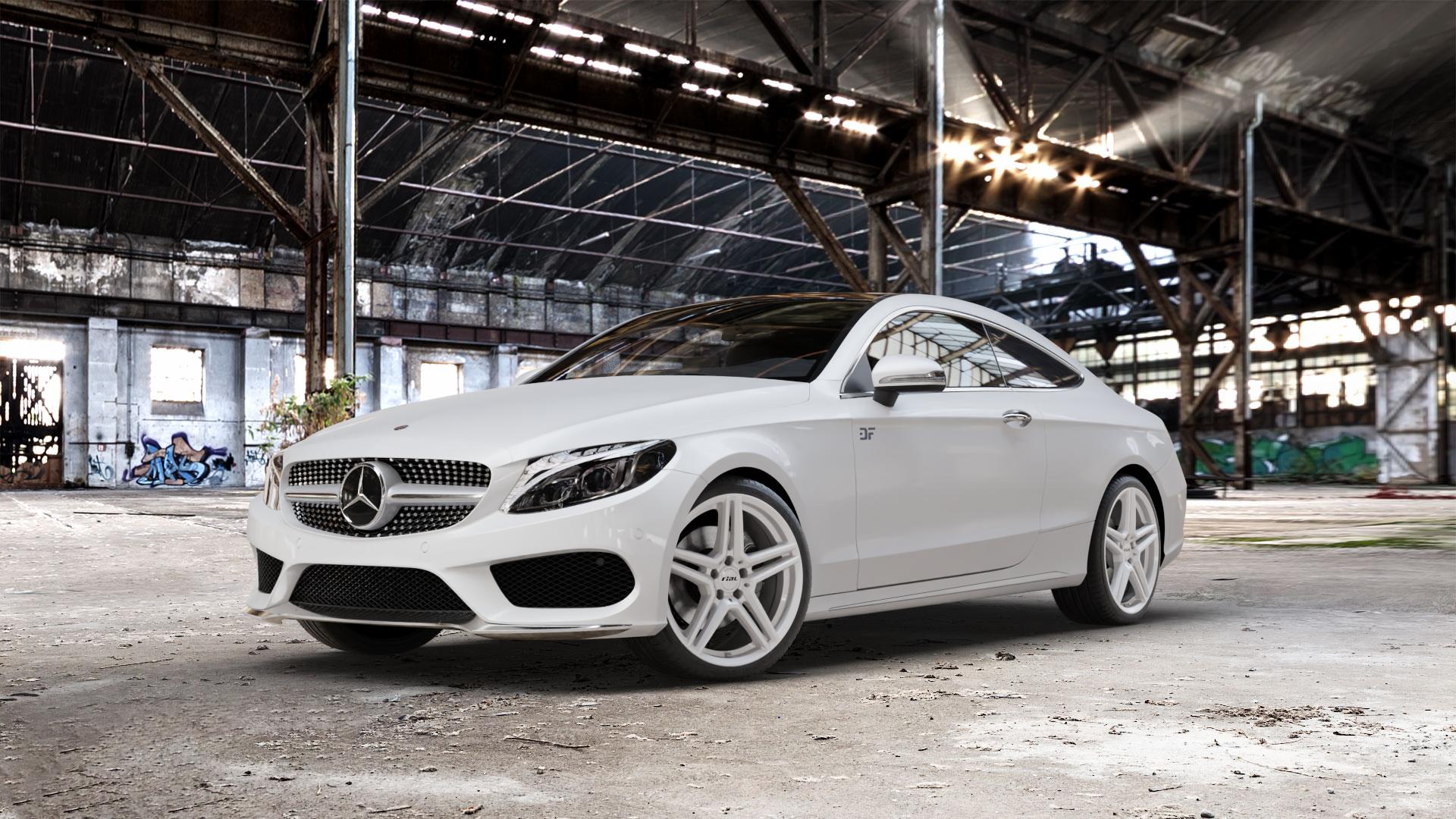 RIAL M10 polar-silber Felge mit Reifen in 19Zoll Winterfelge Alufelge auf weissem Mercedes C-Klasse Typ C205 Coupe Facelift ⬇️ mit 15mm Tieferlegung ⬇️ Old Industrial Hall_max_5300mm_2024 Frontansicht_1