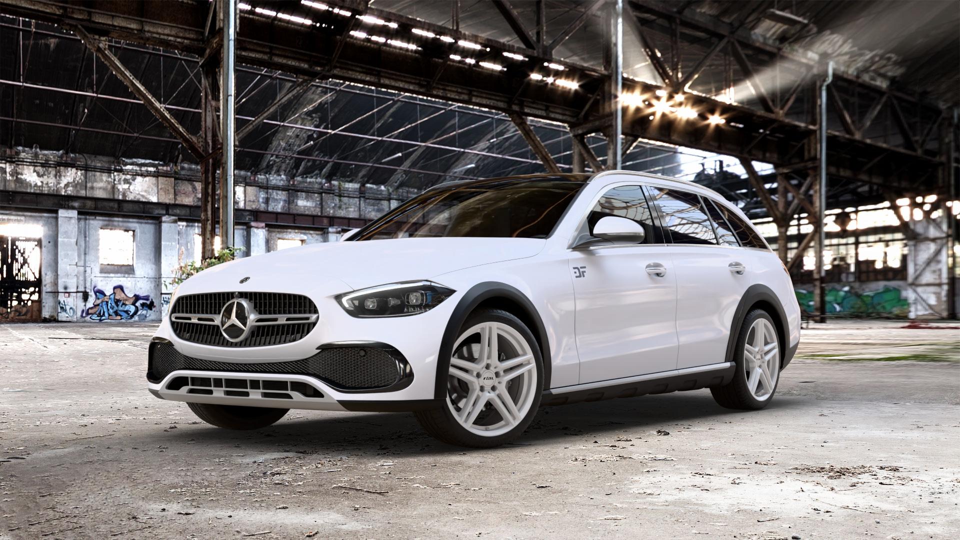 RIAL M10 polar-silber Felge mit Reifen in 19Zoll Winterfelge Alufelge auf weissem Mercedes C-Klasse Typ S206 All-Terrain 1,5l C 200 4Matic 150kW Mild-Hybrid (204 PS) 2,0l 220d 145kW (197 ⬇️ mit 15mm Tieferlegung ⬇️ Old Industrial Hall_max_5300mm_2024 Frontansicht_1