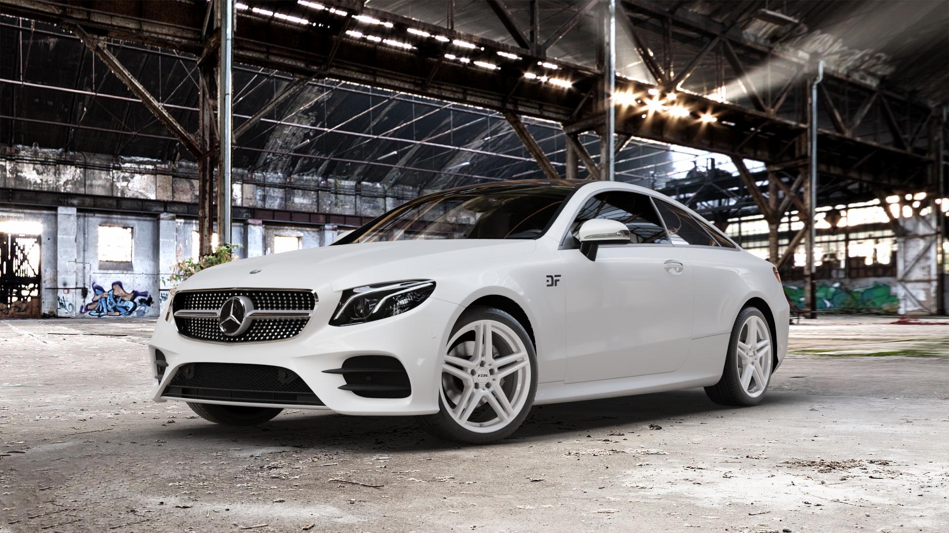 RIAL M10 polar-silber Felge mit Reifen in 19Zoll Winterfelge Alufelge auf weissem Mercedes E-Klasse Typ C238 Coupe (R1EC) ⬇️ mit 15mm Tieferlegung ⬇️ Old Industrial Hall_max_5300mm_2024 Frontansicht_1