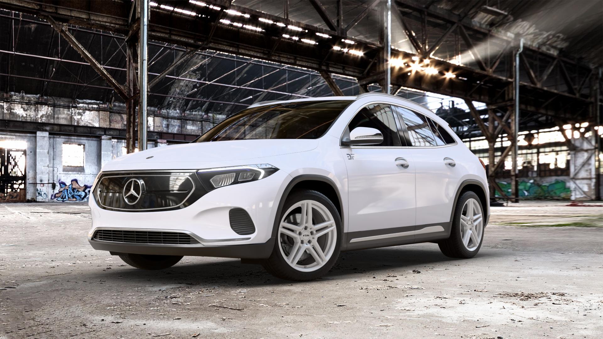 RIAL M10 polar-silber Felge mit Reifen in 19Zoll Winterfelge Alufelge auf weissem Mercedes EQA Typ F2B Facelift 0,0l 300 4Matic 130kW (177 PS) 350 ⬇️ mit 15mm Tieferlegung ⬇️ Old Industrial Hall_max_5300mm_2024 Frontansicht_1