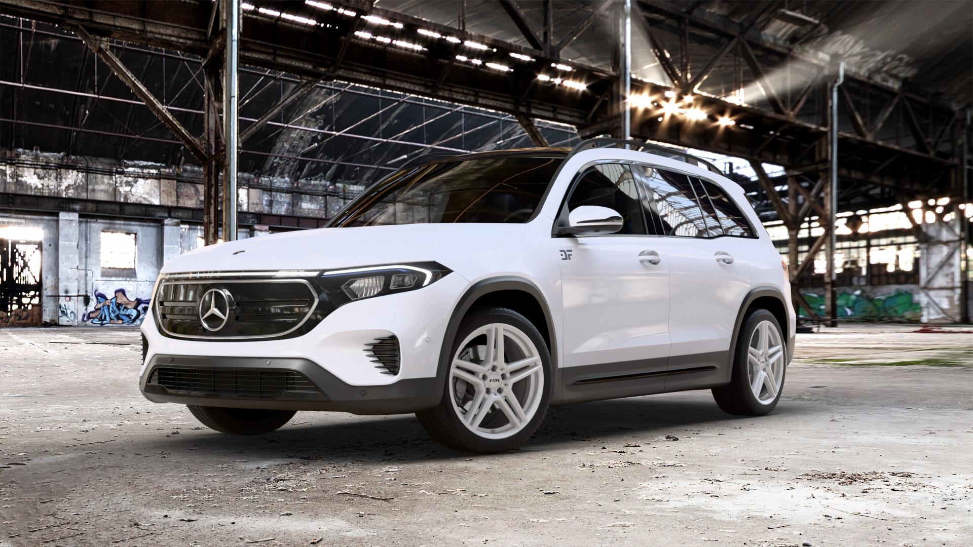 RIAL M10 polar-silber Felge mit Reifen in 19Zoll Winterfelge Alufelge auf weissem Mercedes EQB Typ F2B Facelift 0,0l 300 4Matic 130kW (177 PS) 350 ⬇️ mit 15mm Tieferlegung ⬇️ Old Industrial Hall_max_5300mm_2024 Frontansicht_1