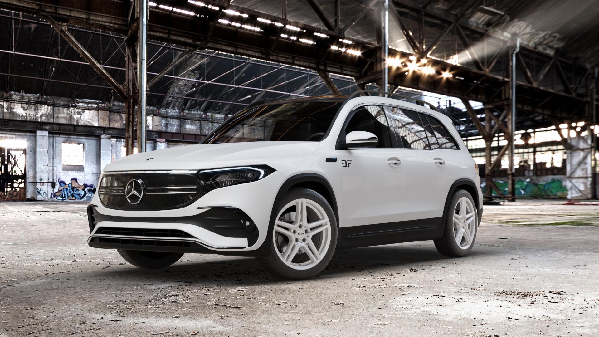 RIAL M10 polar-silber Felge mit Reifen in 19Zoll Winterfelge Alufelge auf weissem Mercedes EQB Typ F2B ⬇️ mit 15mm Tieferlegung ⬇️ Old Industrial Hall_max_5300mm_2024 Frontansicht_1