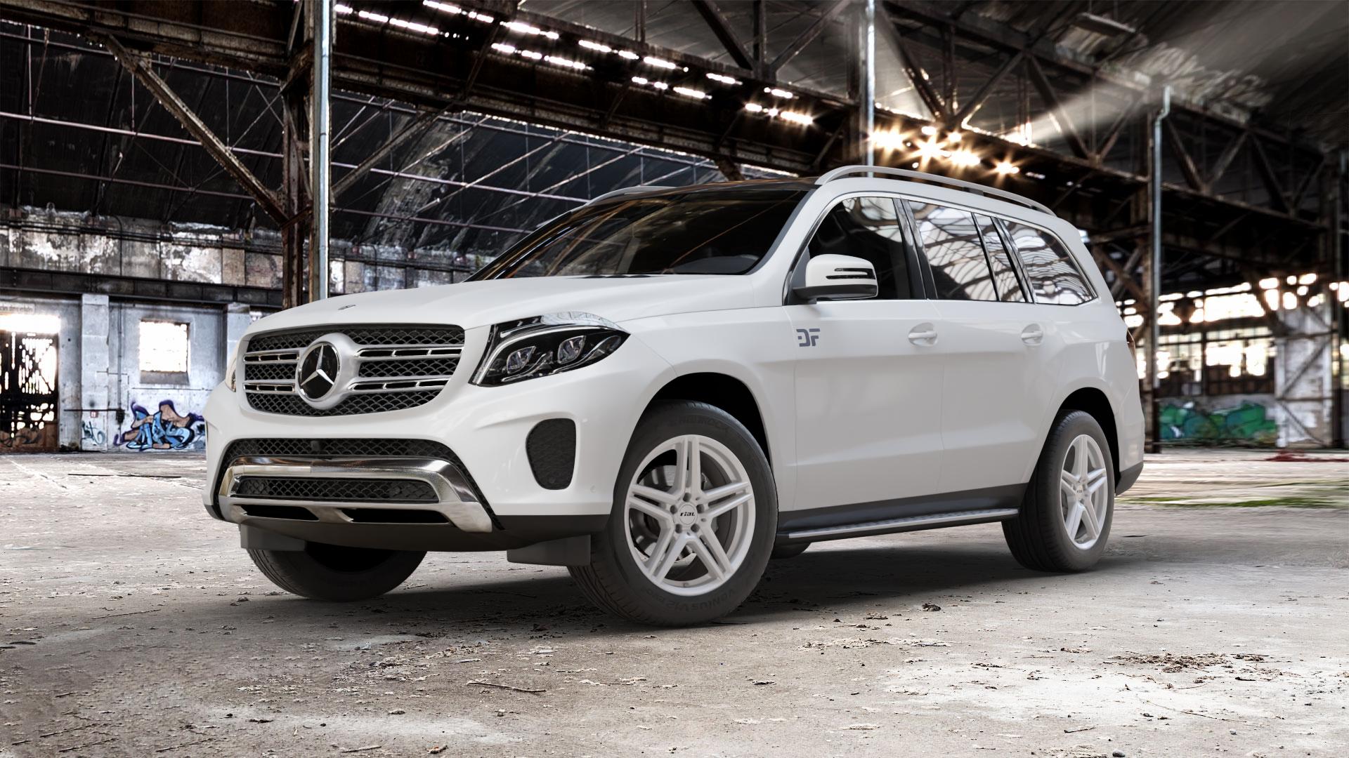 RIAL M10 polar-silber Felge mit Reifen in 19Zoll Winterfelge Alufelge auf weissem Mercedes GLS-Klasse Typ 166 3,0l 350 D 4Matic 190kW (258 PS) 400 245kW (333 4,7l 500 335kW (455 5,5l 63 AMG 4-Matic 430kW (585 ⬇️ mit 15mm Tieferlegung ⬇️ Old Industrial Hall_max_5300mm_2024 Frontansicht_1