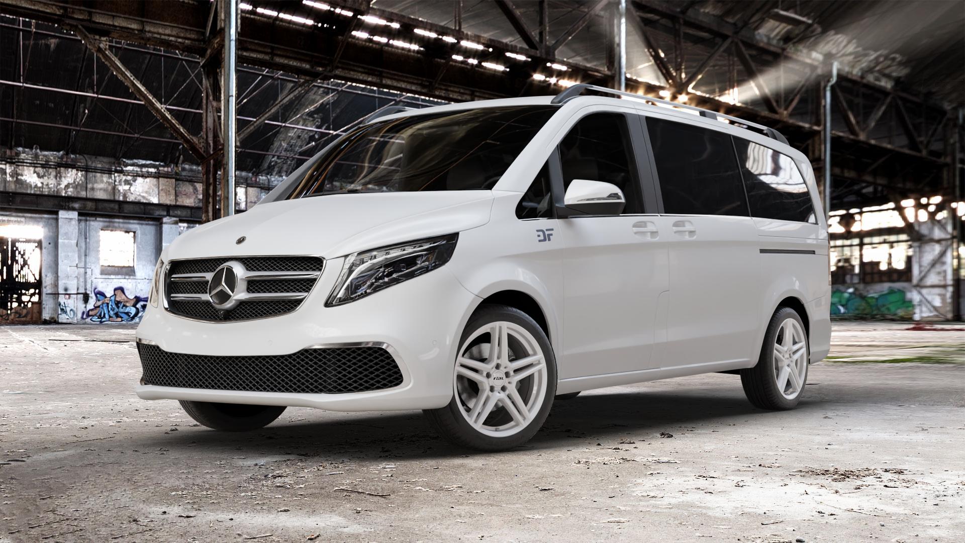 RIAL M10 polar-silber Felge mit Reifen in 19Zoll Winterfelge Alufelge auf weissem Mercedes V-Klasse Typ W447 Facelift Marco Polo Vito Tourer ⬇️ mit 15mm Tieferlegung ⬇️ Old Industrial Hall_max_5300mm_2024 Frontansicht_1