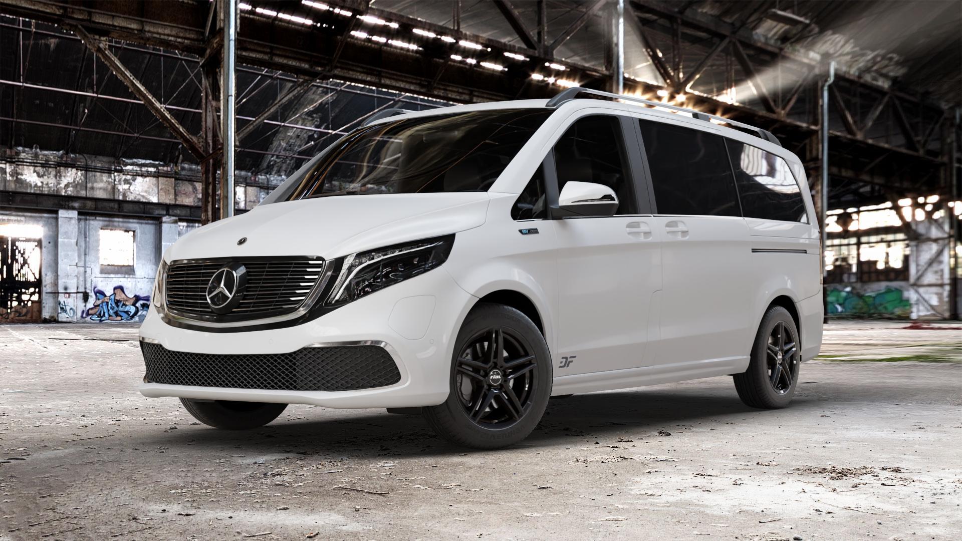 RIAL M10 racing-schwarz Felge mit Reifen in 17Zoll Winterfelge Alufelge auf weissem Mercedes EQV Typ 639/2 ⬇️ mit 15mm Tieferlegung ⬇️ Old Industrial Hall_max_5300mm_2024 Frontansicht_1