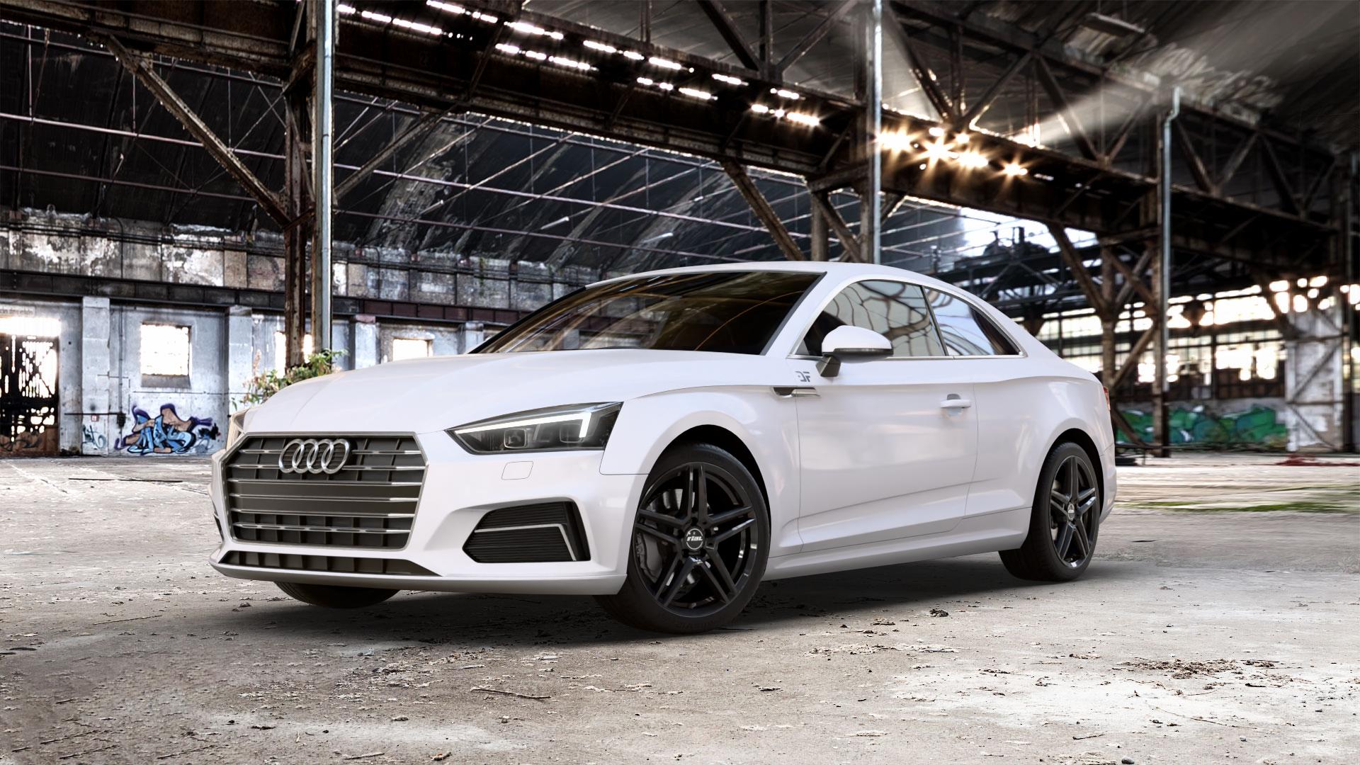 RIAL M10 racing-schwarz Felge mit Reifen in 18Zoll Winterfelge Alufelge auf weissem Audi A5 Typ B9 (Coupé) ⬇️ mit 15mm Tieferlegung ⬇️ Old Industrial Hall_max_5300mm_2024 Frontansicht_1