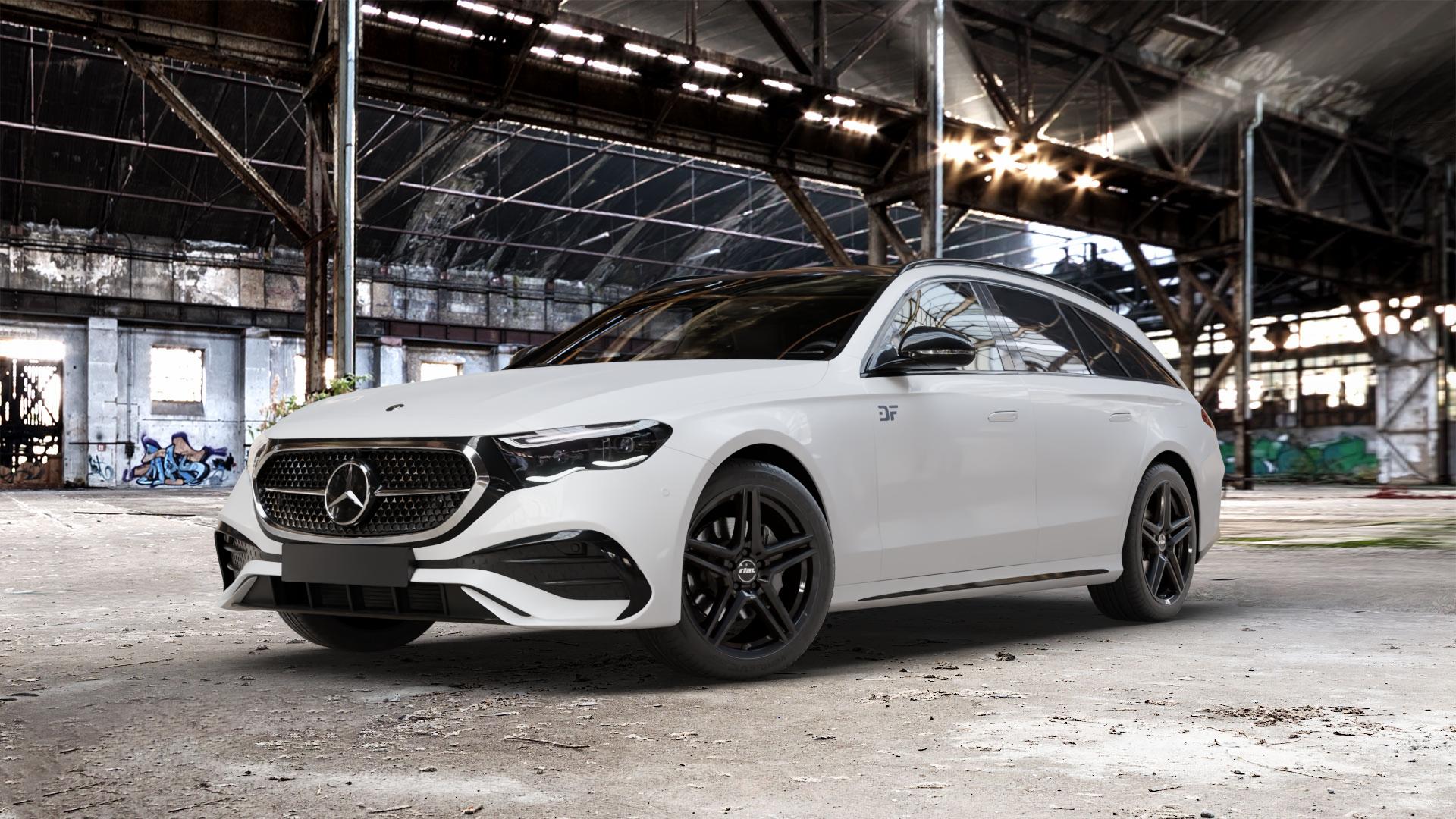 RIAL M10 racing-schwarz Felge mit Reifen in 19Zoll Winterfelge Alufelge auf weissem Mercedes E-Klasse Typ S214 Kombi (R2ES) ⬇️ mit 15mm Tieferlegung ⬇️ Old Industrial Hall_max_5300mm_2024 Frontansicht_1