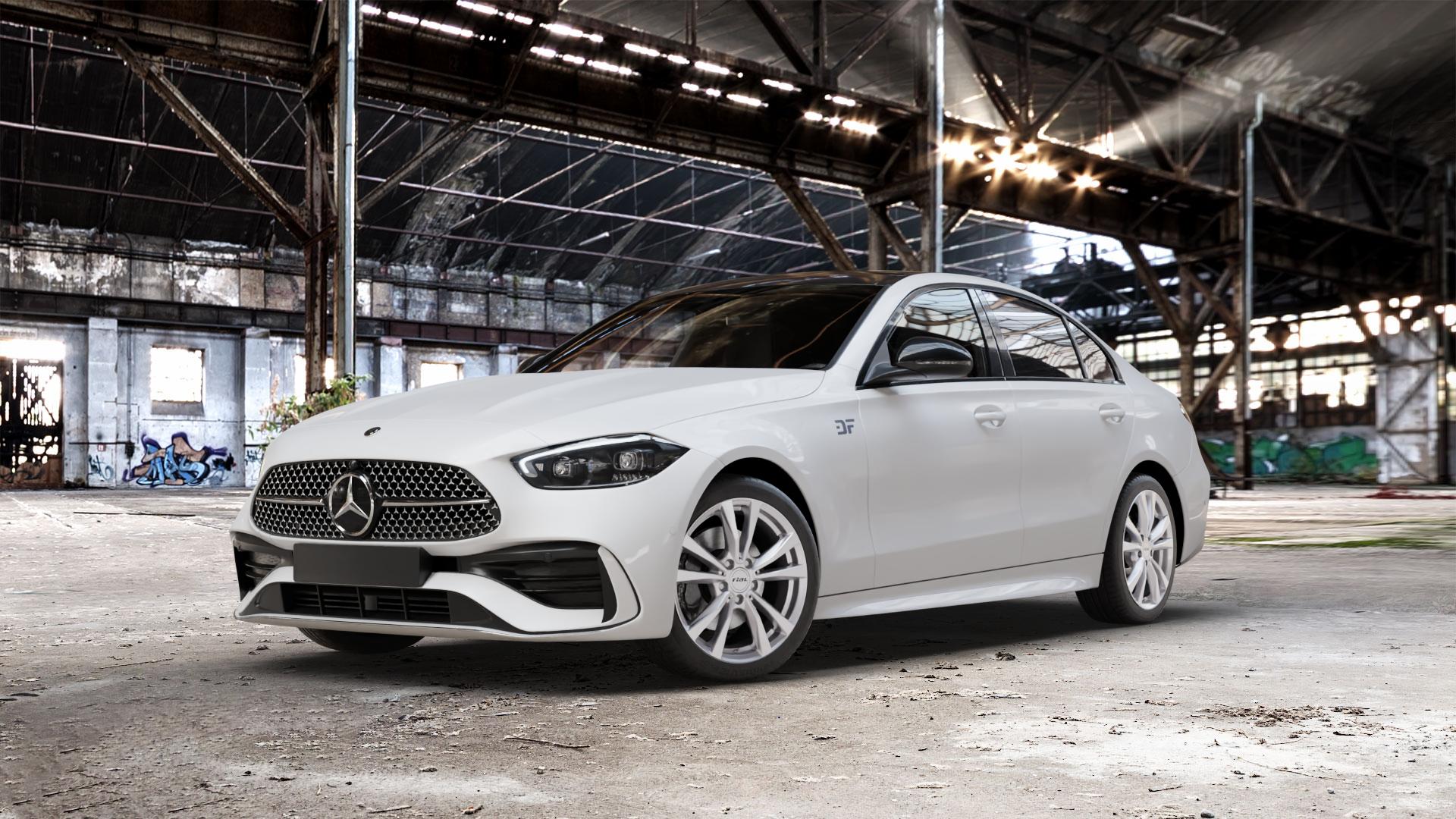 RIAL M12 polar-silber Felge mit Reifen in 18Zoll Winterfelge Alufelge auf weissem Mercedes C-Klasse Typ W206 Limousine ⬇️ mit 15mm Tieferlegung ⬇️ Old Industrial Hall_max_5300mm_2024 Frontansicht_1