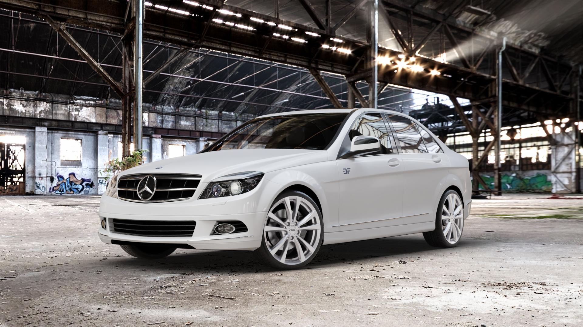 RIAL M12 polar-silber Felge mit Reifen in 19Zoll Winterfelge Alufelge auf weissem Mercedes C-Klasse Typ W204 Limousine ⬇️ mit 15mm Tieferlegung ⬇️ Old Industrial Hall_max_5300mm_2024 Frontansicht_1