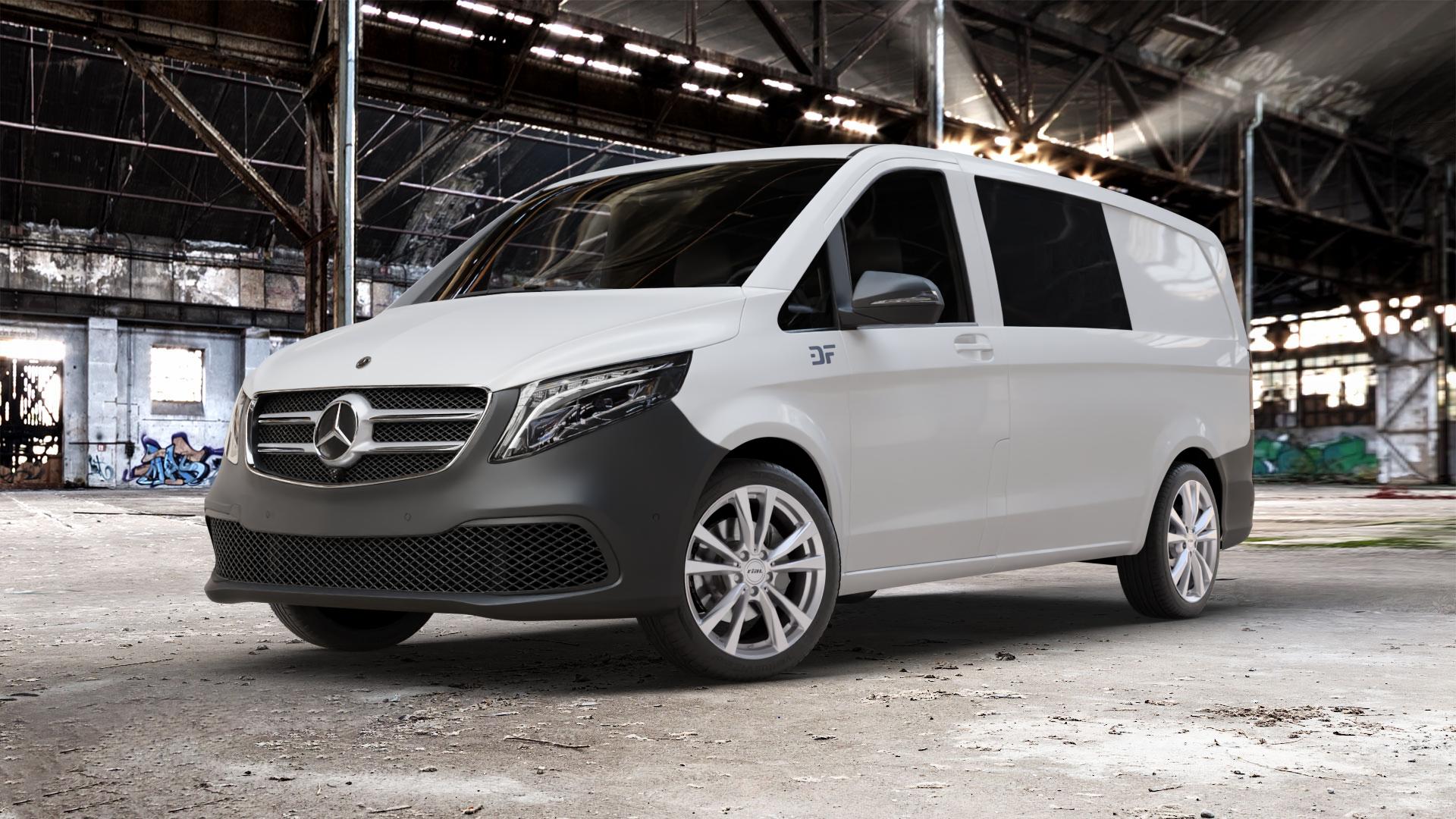 RIAL M12 polar-silber Felge mit Reifen in 19Zoll Winterfelge Alufelge auf weissem Mercedes Vito Mixto Typ W447 Facelift ⬇️ mit 15mm Tieferlegung ⬇️ Old Industrial Hall_max_5300mm_2024 Frontansicht_1