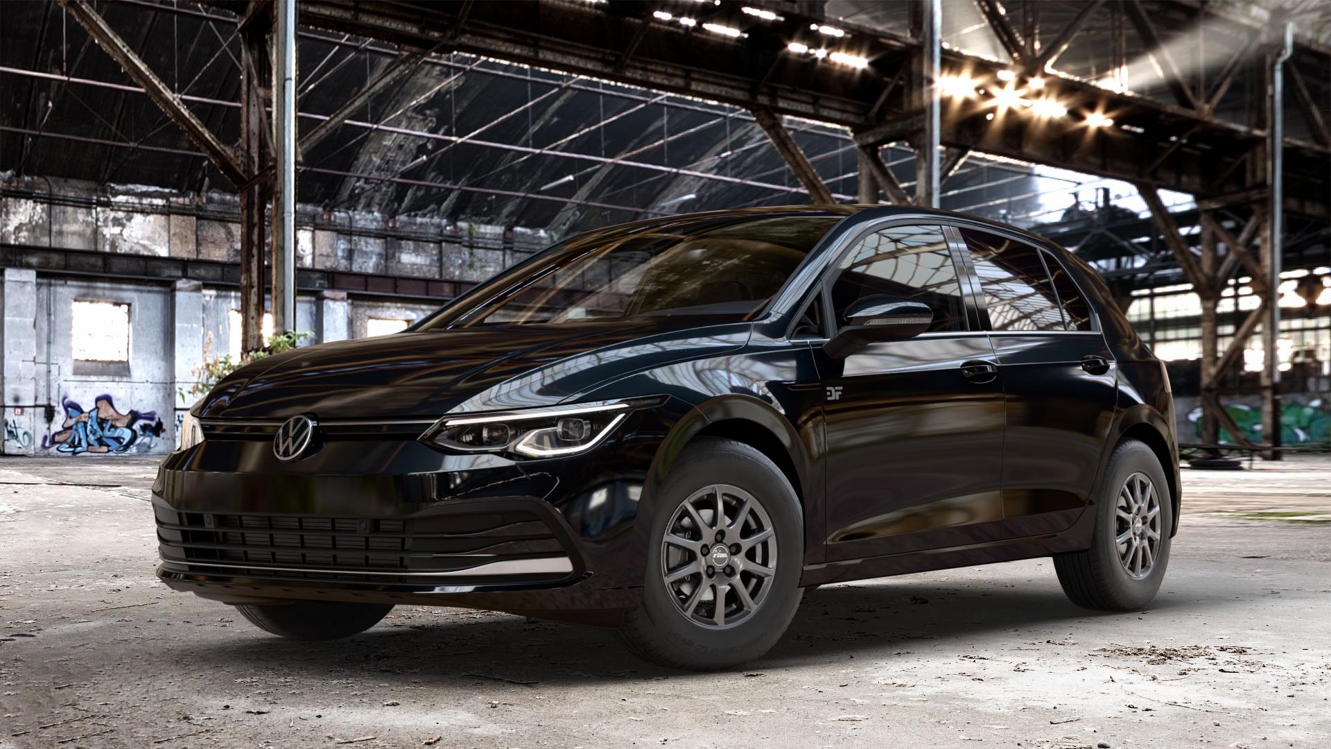 RIAL Milano titanium Felge mit Reifen grau in 14Zoll Winterfelge Alufelge auf metallic schwarzem Volkswagen (VW) Golf 8 1,5l TSI 96kW (131 PS) 110kW (150 2,0l TDI 85kW (116 Mild-Hybrid 1,0l 81kW (110 66kW (90 1,4l Hybrid TGI 4Motion 140kW (190 ⬇️ mit 15mm Tieferlegung ⬇️ Old Industrial Hall_max_4400mm_2024 Frontansicht_1