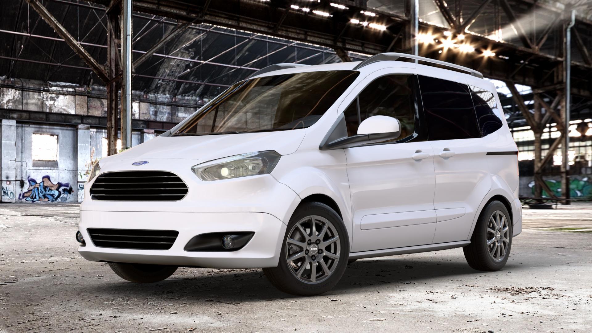 RIAL Milano titanium Felge mit Reifen grau in 15Zoll Winterfelge Alufelge auf weissem Ford Tourneo Courier Typ JU2 (14->) N1P ⬇️ mit 15mm Tieferlegung ⬇️ Old Industrial Hall_max_4400mm_2024 Frontansicht_1
