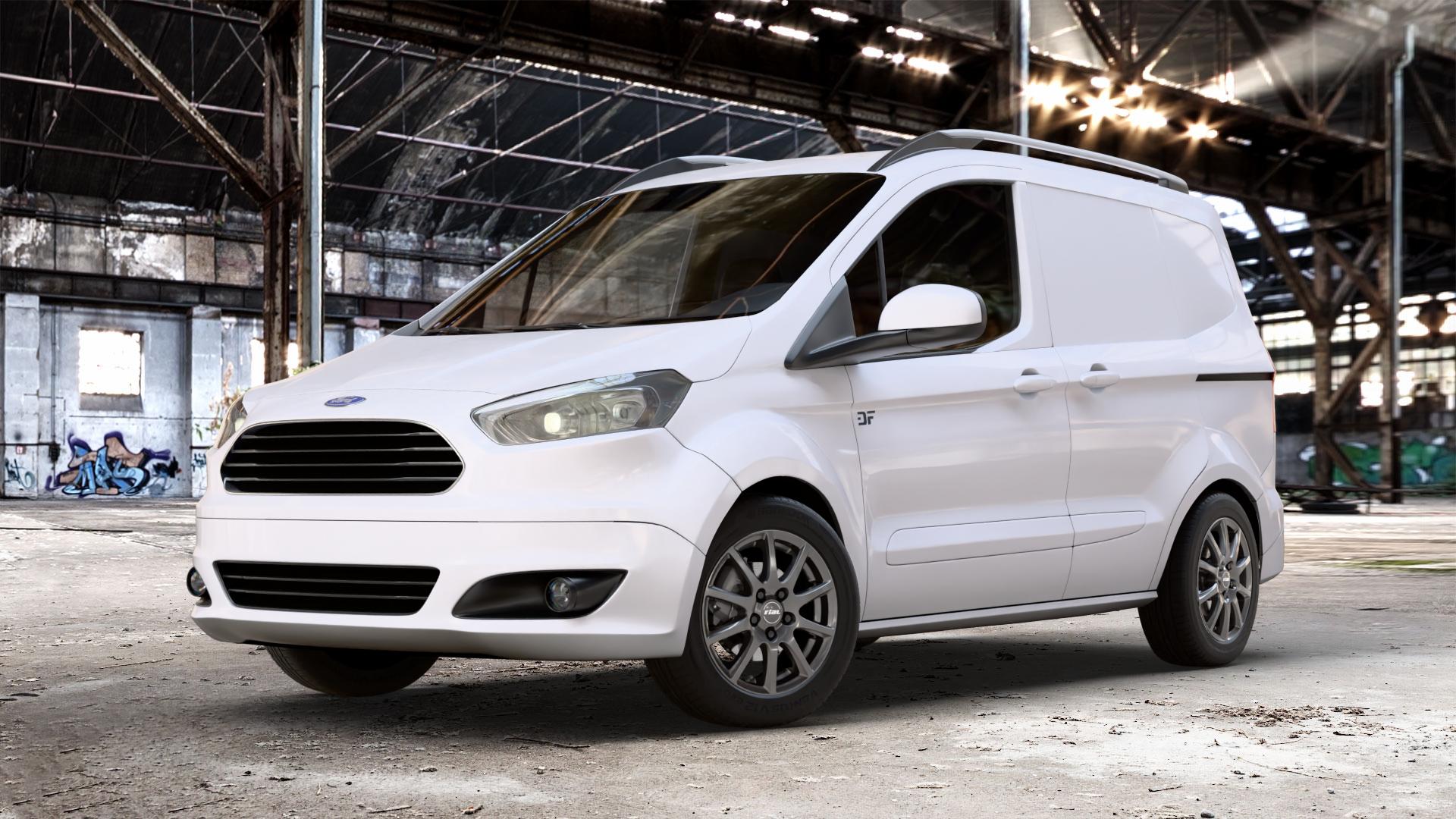 RIAL Milano titanium Felge mit Reifen grau in 15Zoll Winterfelge Alufelge auf weissem Ford Transit Courier Typ JN8 (14->) JU2 ⬇️ mit 15mm Tieferlegung ⬇️ Old Industrial Hall_max_4400mm_2024 Frontansicht_1