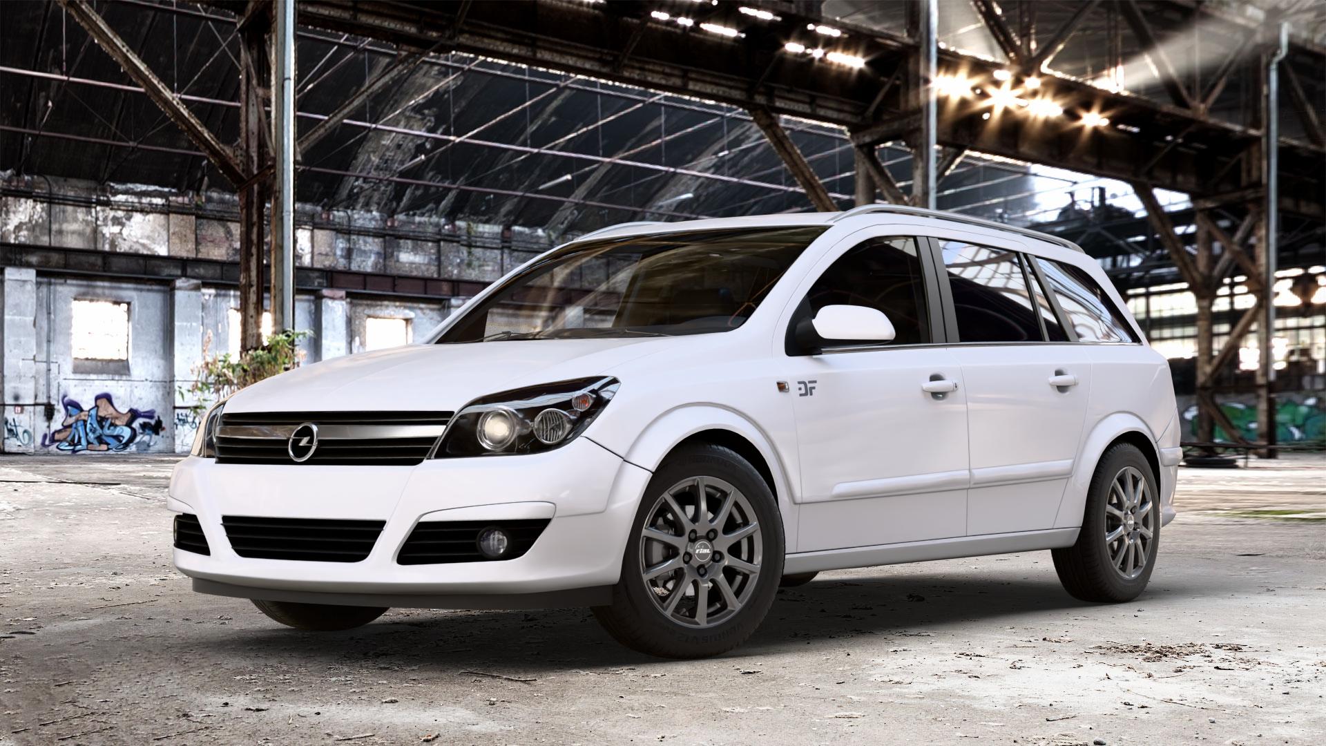 RIAL Milano titanium Felge mit Reifen grau in 15Zoll Winterfelge Alufelge auf weissem Opel Astra H Typ A-H Caravan A-H/SW ⬇️ mit 15mm Tieferlegung ⬇️ Old Industrial Hall_max_4400mm_2024 Frontansicht_1