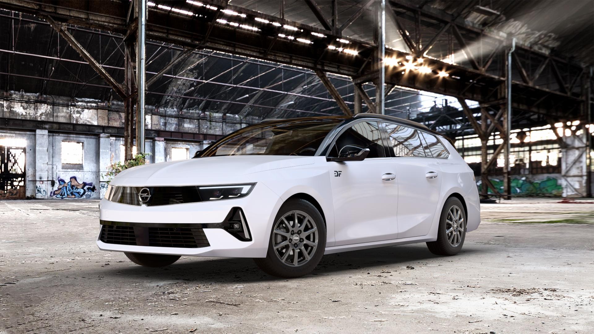 RIAL Milano titanium Felge mit Reifen grau in 15Zoll Winterfelge Alufelge auf weissem Opel Astra L Sports Tourer Typ F Facelift ⬇️ mit 15mm Tieferlegung ⬇️ Old Industrial Hall_max_5300mm_2024 Frontansicht_1