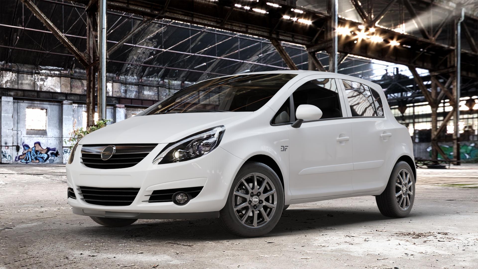 RIAL Milano titanium Felge mit Reifen grau in 15Zoll Winterfelge Alufelge auf weissem Opel Corsa D Typ S-D ⬇️ mit 15mm Tieferlegung ⬇️ Old Industrial Hall_max_4400mm_2024 Frontansicht_1