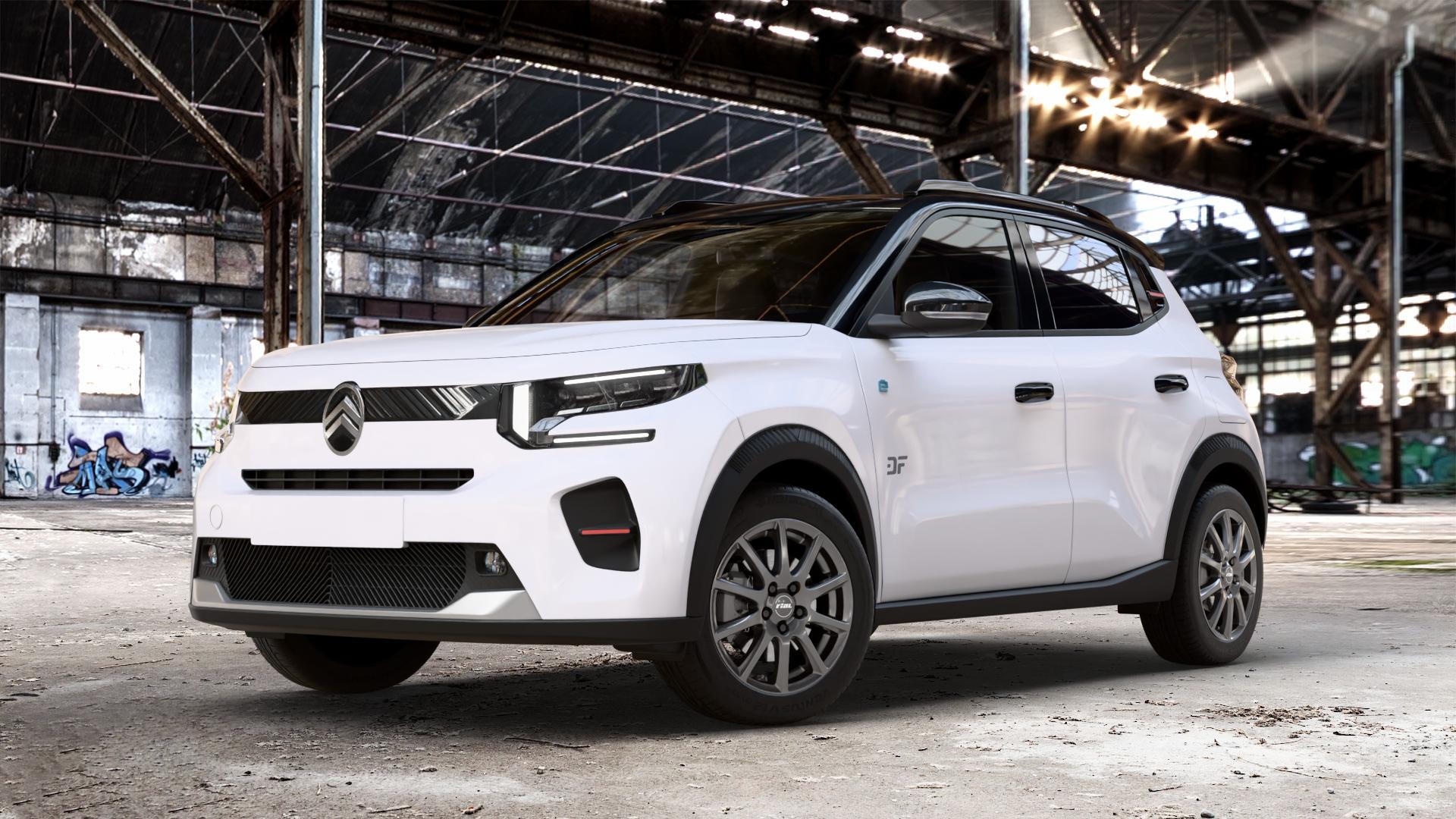 RIAL Milano titanium Felge mit Reifen grau in 16Zoll Winterfelge Alufelge auf weissem Citroen C3 IV 0,0l 53kW e-C3 (72 PS) ⬇️ mit 15mm Tieferlegung ⬇️ Old Industrial Hall_max_4400mm_2024 Frontansicht_1