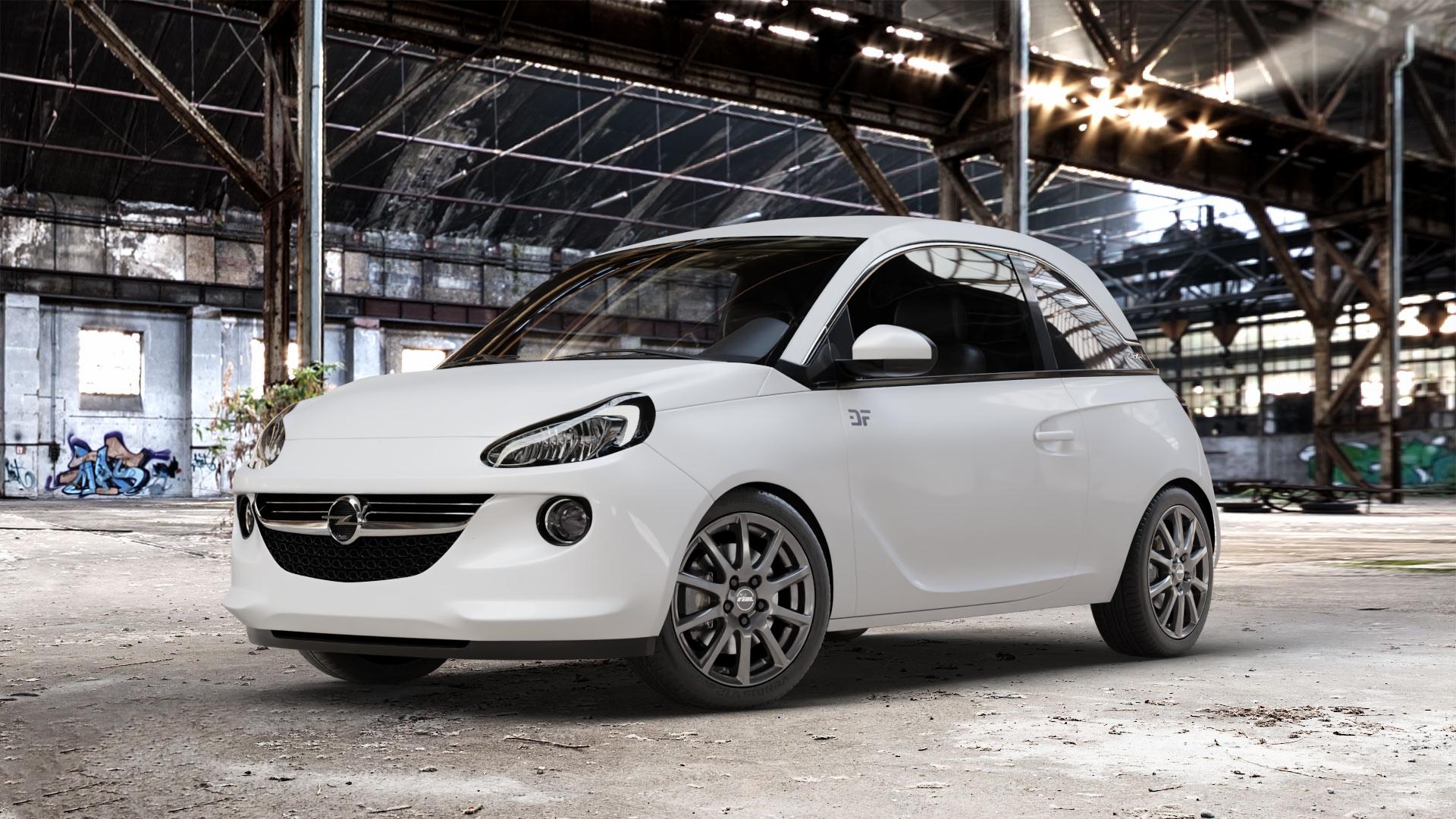 RIAL Milano titanium Felge mit Reifen grau in 16Zoll Winterfelge Alufelge auf weissem Opel Adam ⬇️ mit 15mm Tieferlegung ⬇️ Old Industrial Hall_max_4400mm_2024 Frontansicht_1