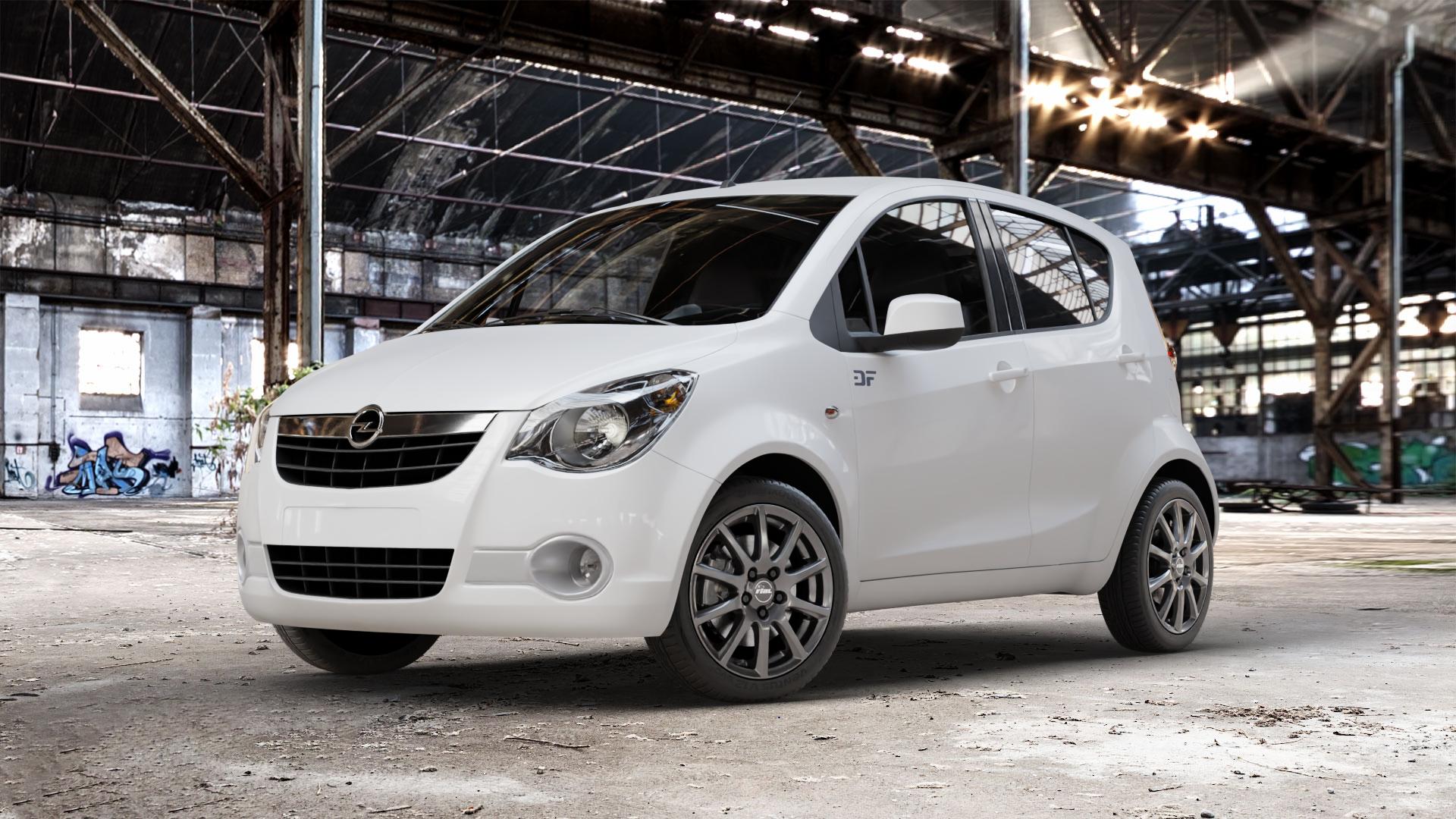 RIAL Milano titanium Felge mit Reifen grau in 16Zoll Winterfelge Alufelge auf weissem Opel Agila Typ H-B ⬇️ mit 15mm Tieferlegung ⬇️ Old Industrial Hall_max_4400mm_2024 Frontansicht_1