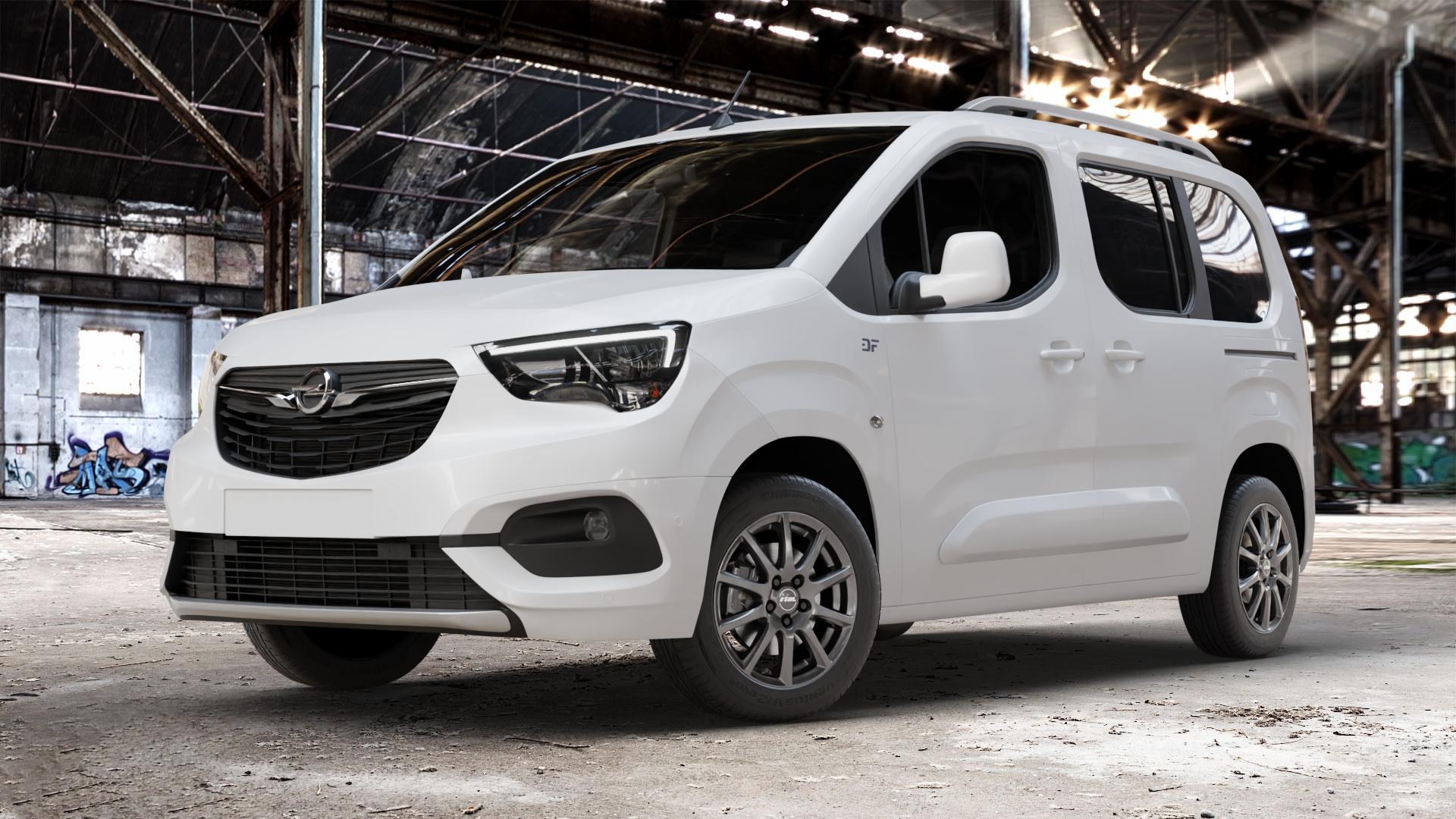 RIAL Milano titanium Felge mit Reifen grau in 16Zoll Winterfelge Alufelge auf weissem Opel Combo E Life ⬇️ mit 15mm Tieferlegung ⬇️ Old Industrial Hall_max_4400mm_2024 Frontansicht_1