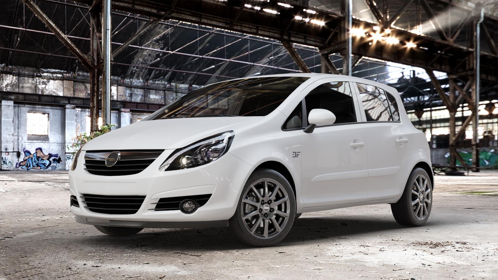 RIAL Milano titanium Felge mit Reifen grau in 16Zoll Winterfelge Alufelge auf weissem Opel Corsa D Typ S-D ⬇️ mit 15mm Tieferlegung ⬇️ Old Industrial Hall_max_4400mm_2024 Frontansicht_1